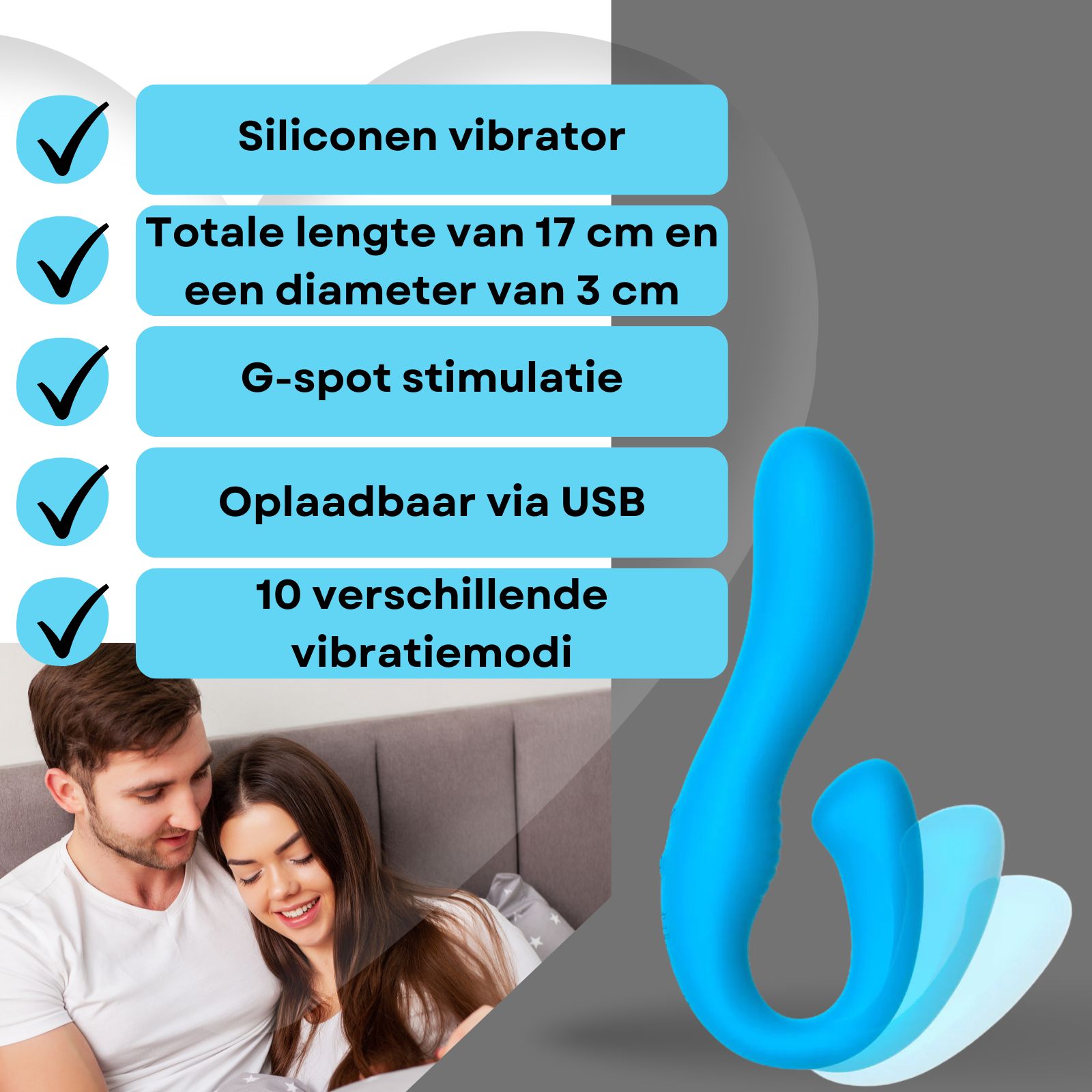Blauwe vibrator met tekst. Siliconen, 17 cm, 3 cm diameter, G-spot stimulatie, USB oplaadbaar, 10 standen.