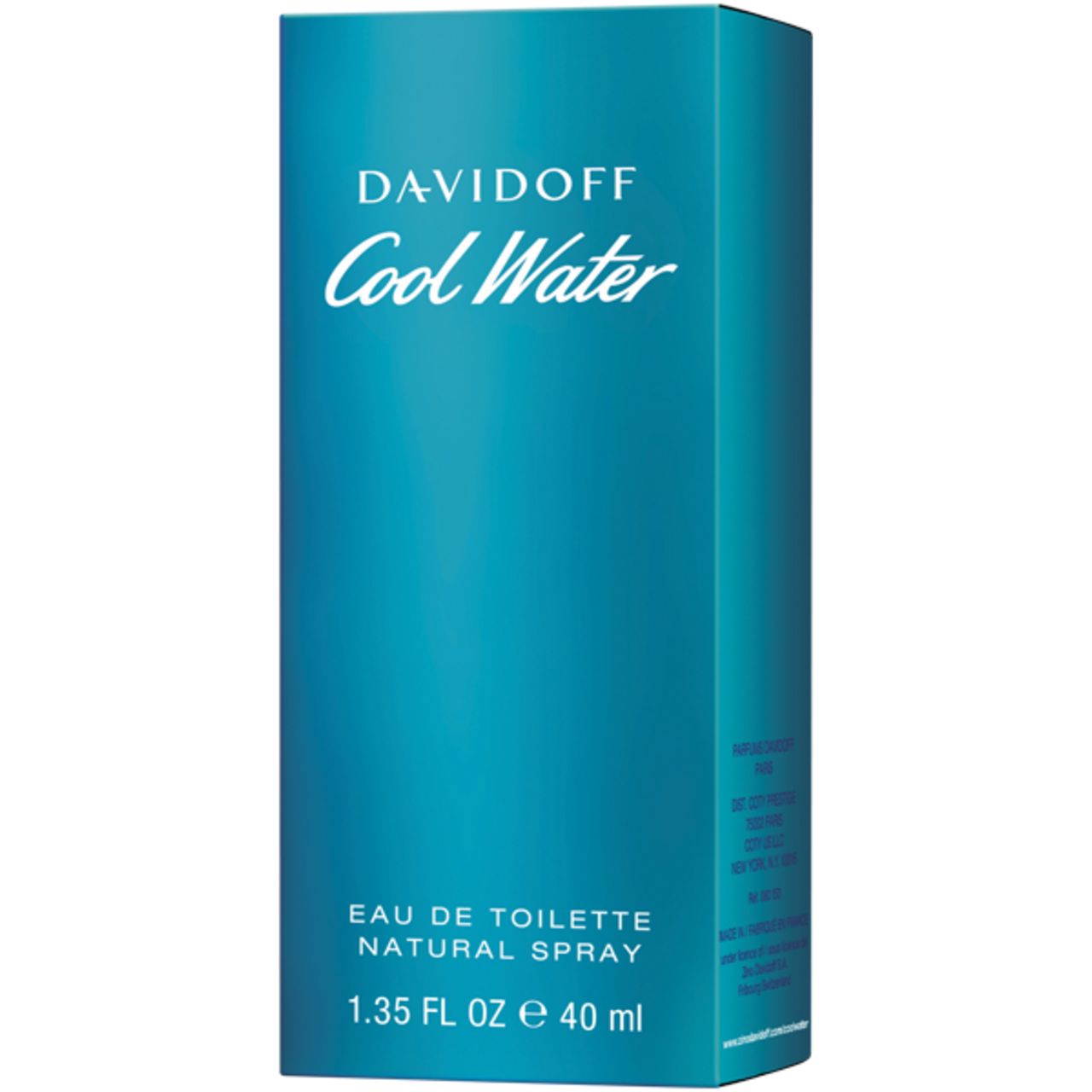 Emballage Davidoff Cool Water Eau de Toilette. Boîte bleue avec logo et texte blancs. Contient des informations sur le produit.