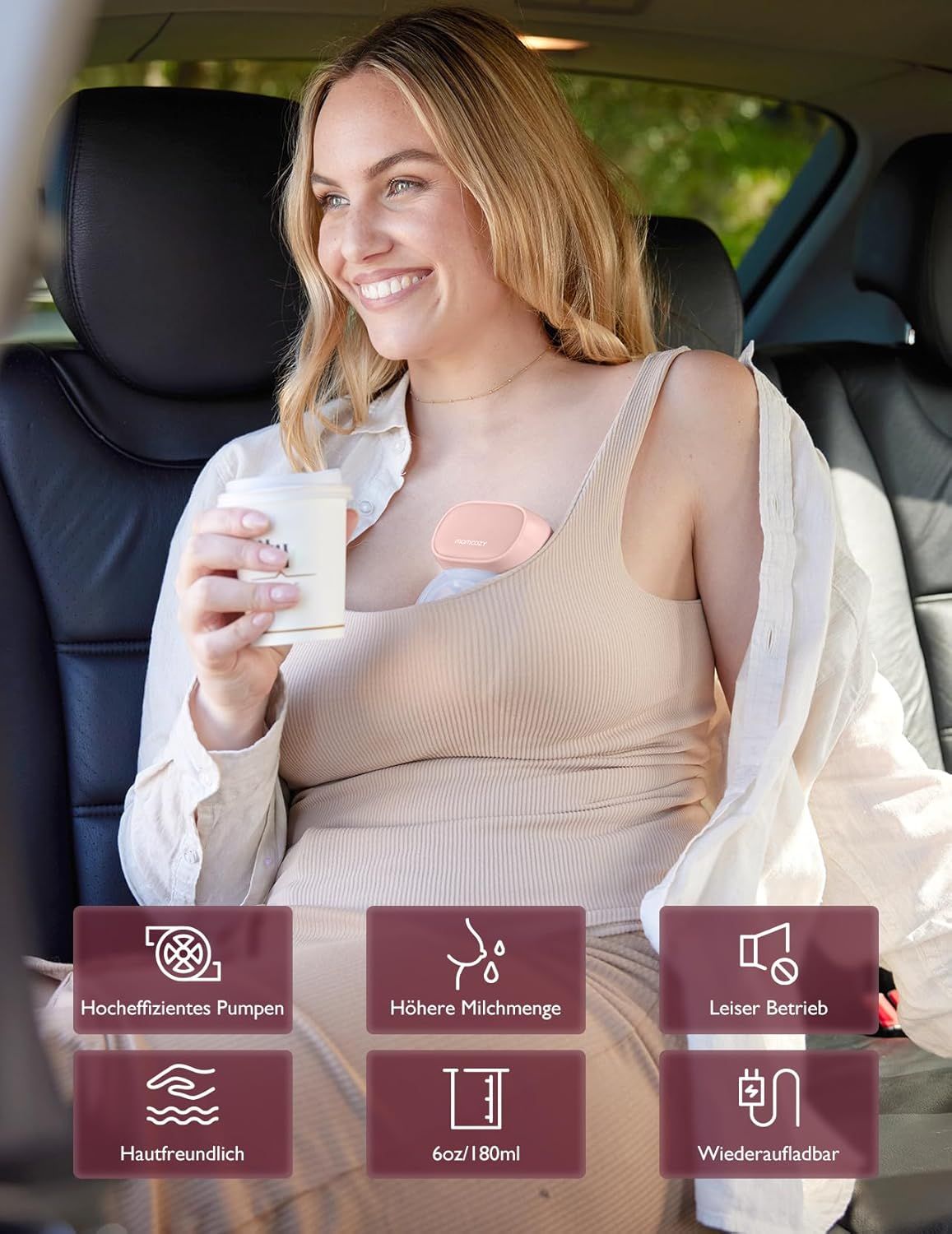 Femme dans une voiture avec tire-lait portable ; caractéristiques : efficace, plus de lait, silencieux, 6oz/180ml.