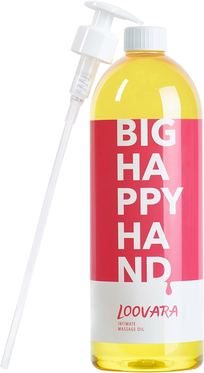 Bouteille d'huile de massage Loovara Happy Hand avec pompe, huile jaune, étiquette rouge.