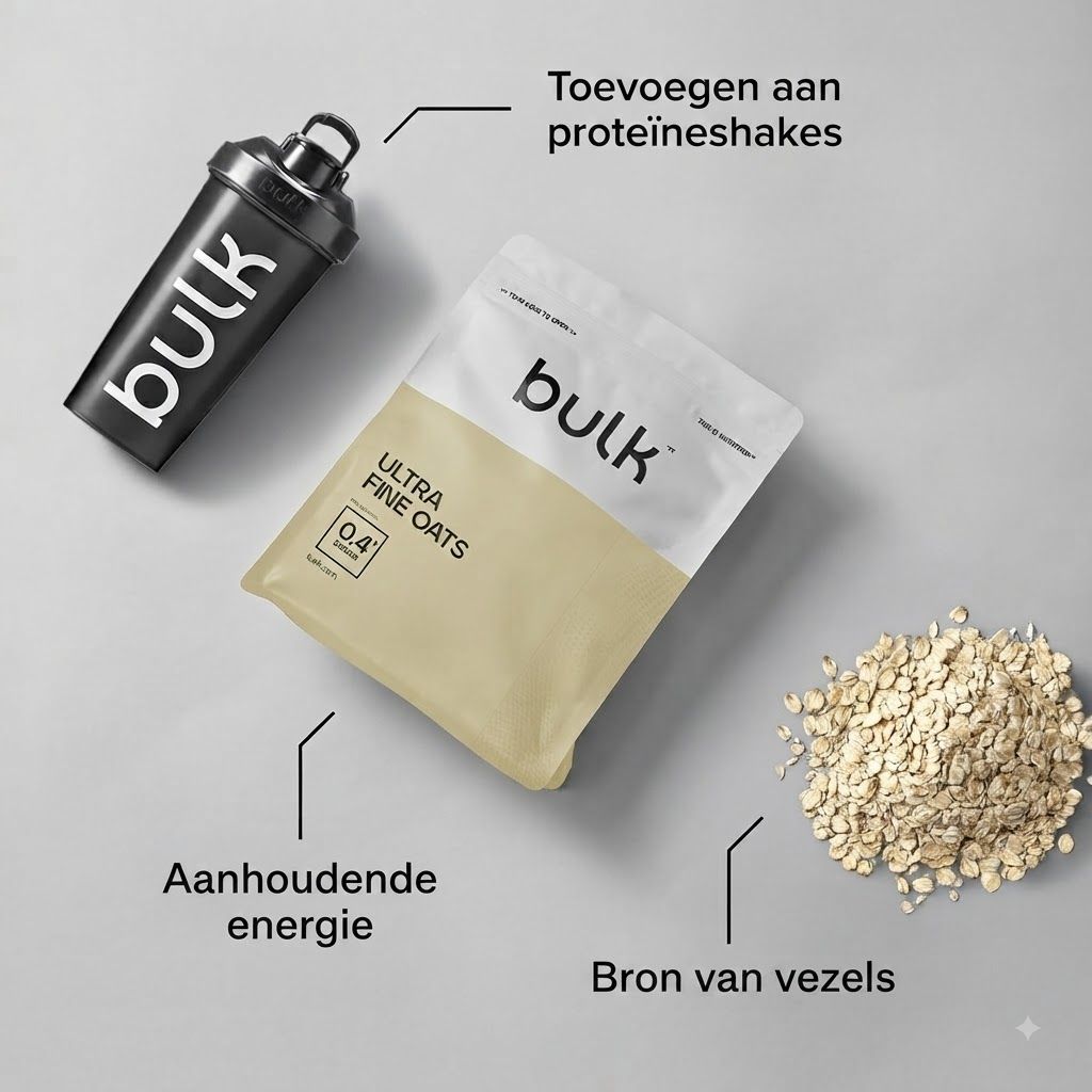 Bulk shaker en pak met Ultra Fine Oats, ernaast havermoutvlokken.