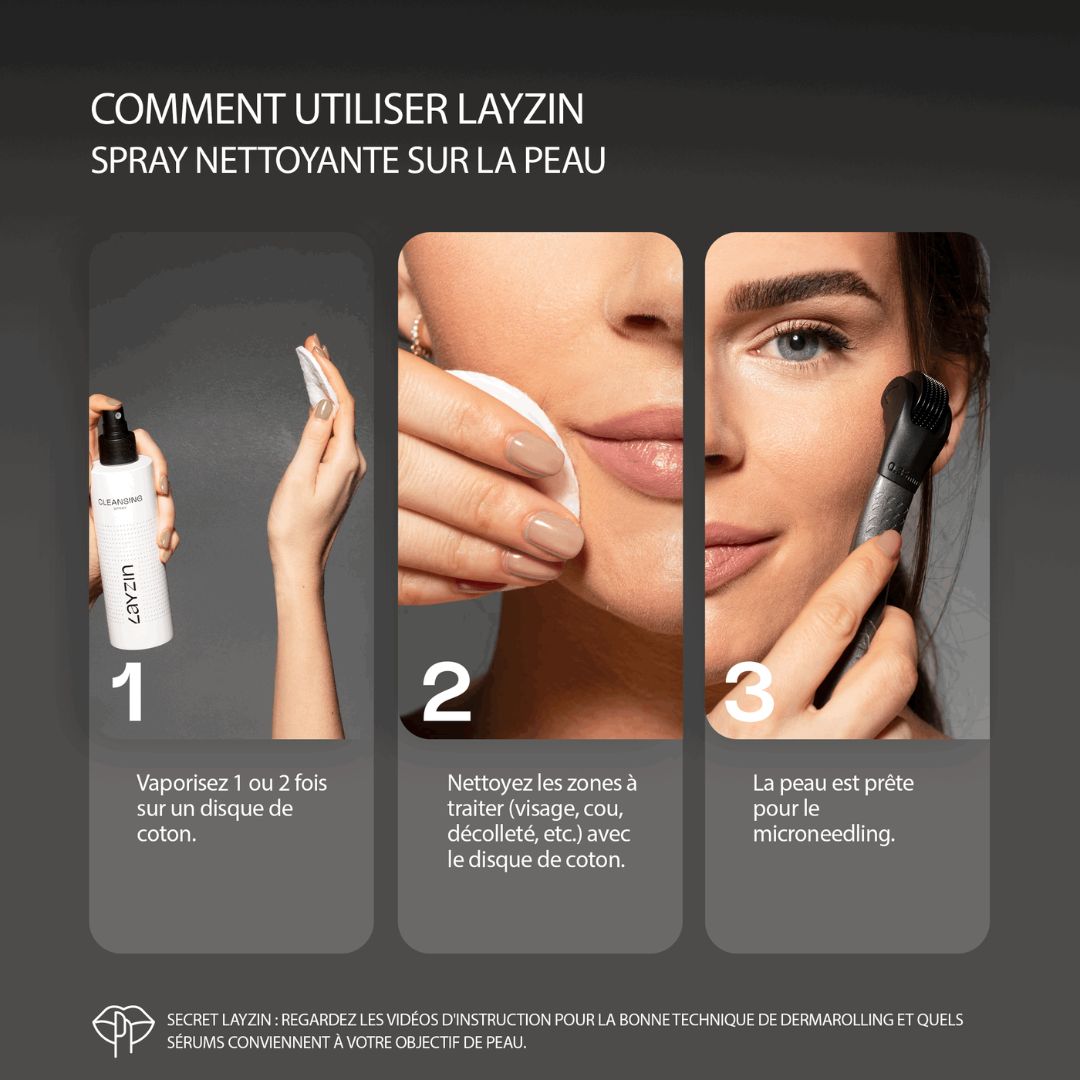 Instructions d'utilisation du spray nettoyant LAYZIN sur la peau. Coton, nettoyer, préparer la peau.