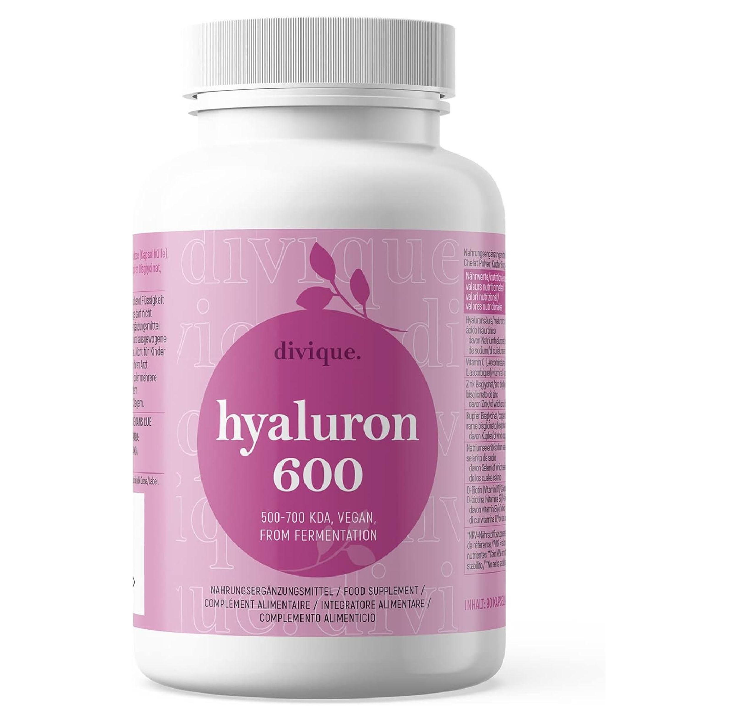 Fles Divique Hyaluron 600. Tekst: 500-700 kDa, vegan, uit fermentatie. Voedingssupplement.