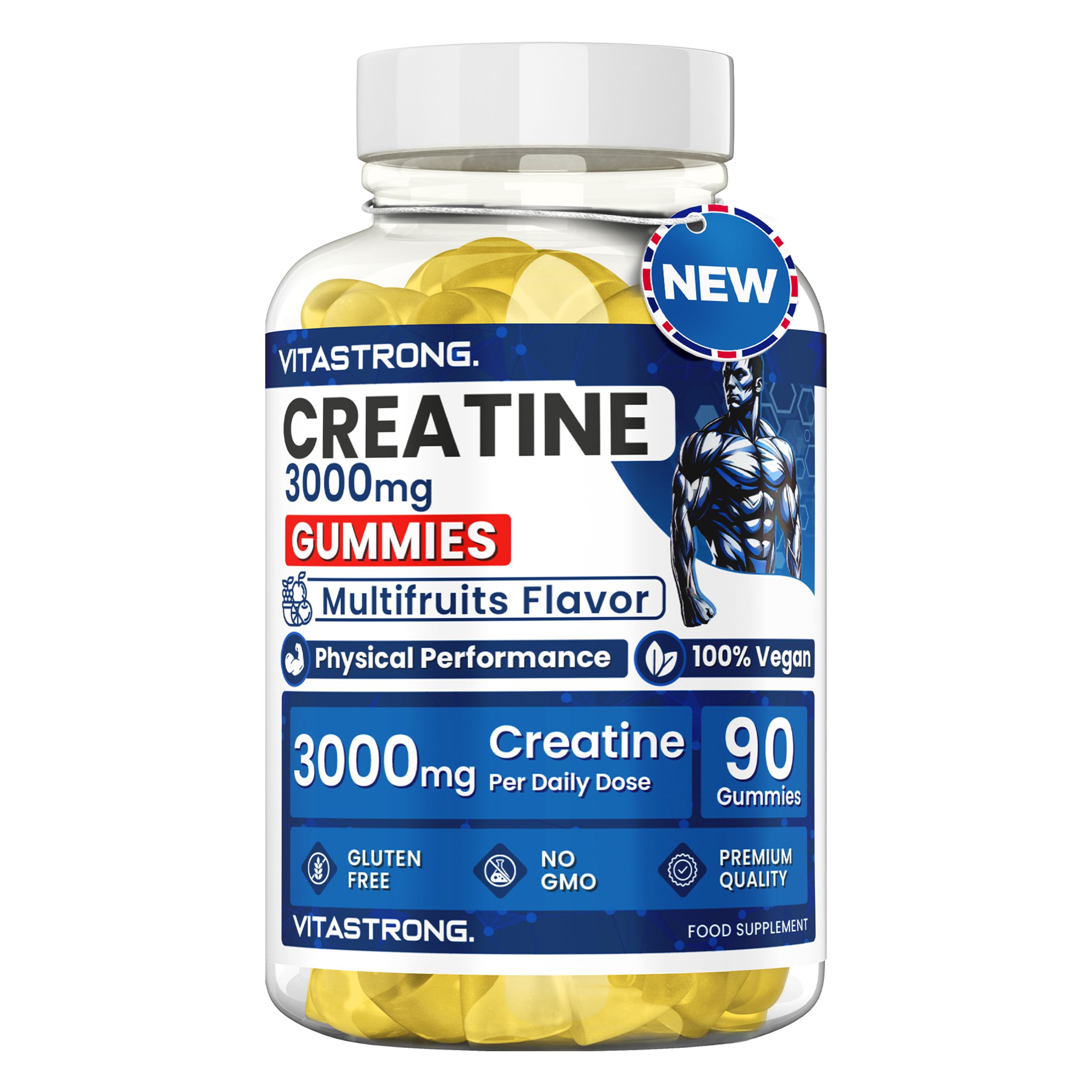 Vitastrong Creatine Gummies, 90 pièces. 3000mg de créatine par dose. Sans gluten, sans OGM.