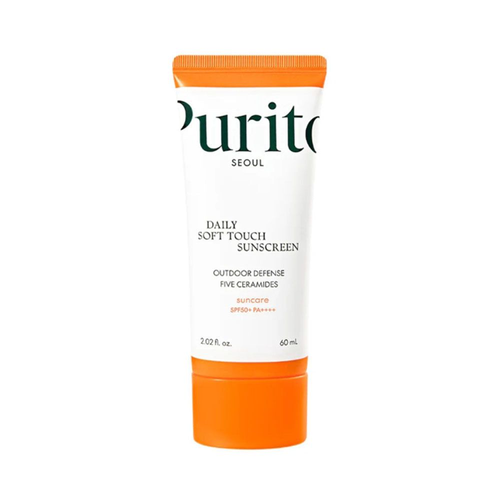 Witte tube met oranje dop. Opschrift: PURITO, Daily Soft Touch Sunscreen, SPF 50+ PA++++.