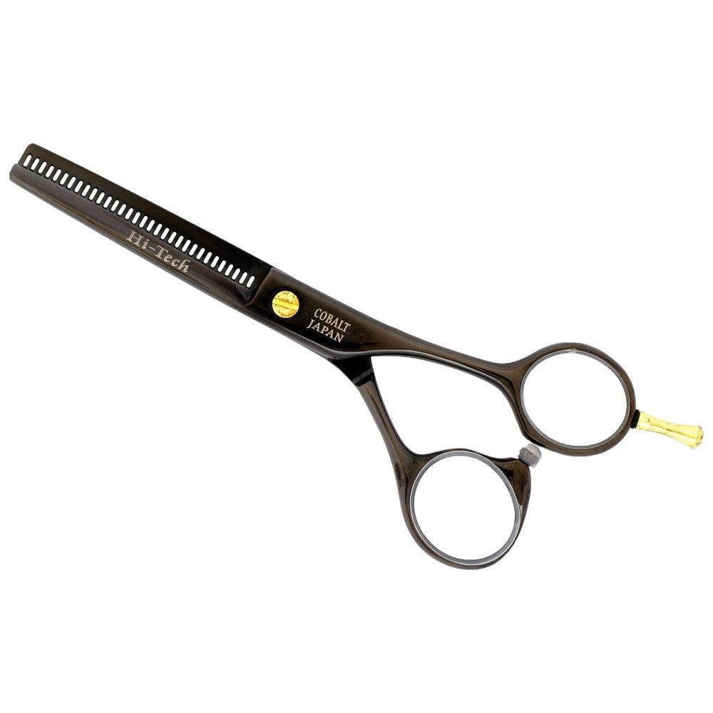 Ciseaux effileurs noirs. Inscription "Hi-Tech" et "COBALT JAPAN". Vis dorée.