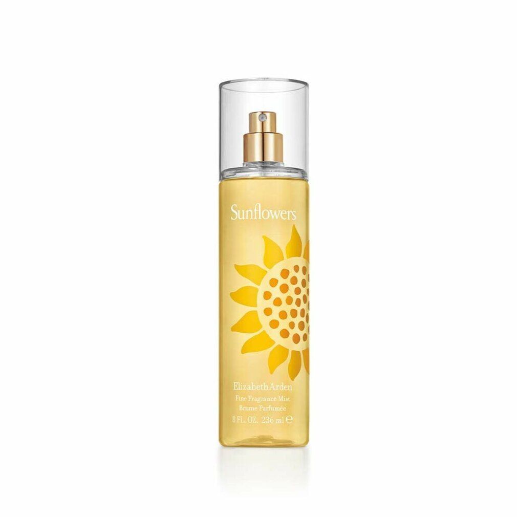 Brume corporelle jaune avec motif tournesol et bouchon transparent. Texte: Elizabeth Arden Sunflowers Fine Fragrance Mist.