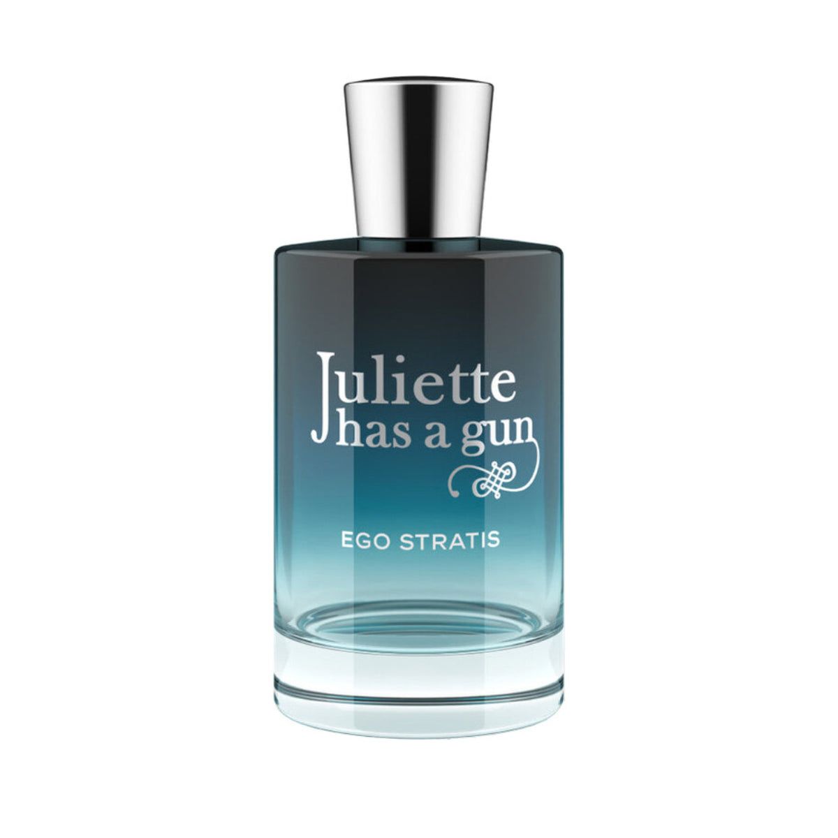 Parfumfles met zilveren dop. Blauw-transparante fles met tekst en productnaam.