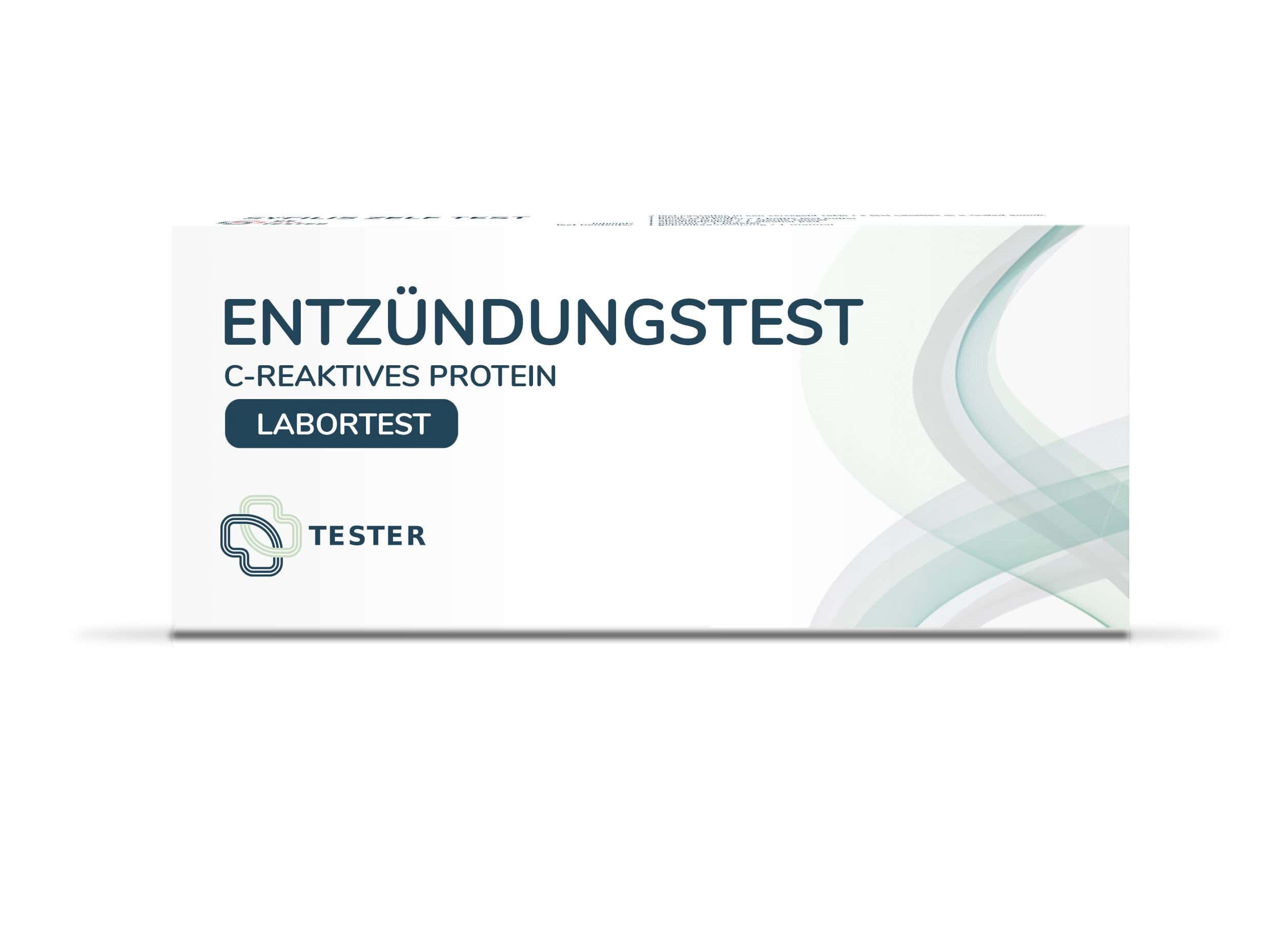 Witte verpakking met tekst: Ontstekingstest, C-reactief proteïne, Laboratoriumtest. Logo en tekst Tester.