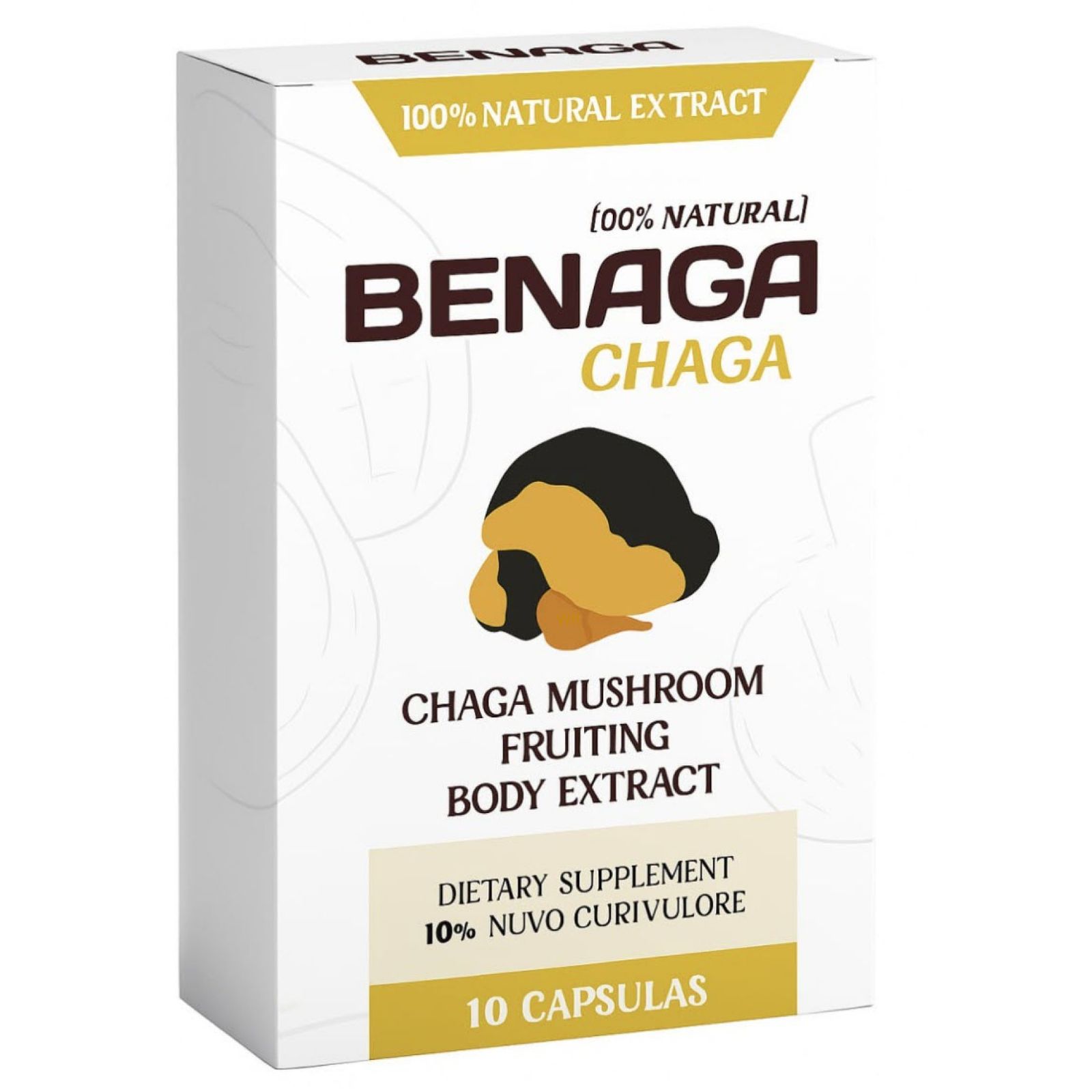 Boîte blanche avec logo "BENAGA CHAGA" et illustration d'un champignon chaga. Texte : "100% Natural Extract", "Chaga Mushroom Fruiting Body Extract".
