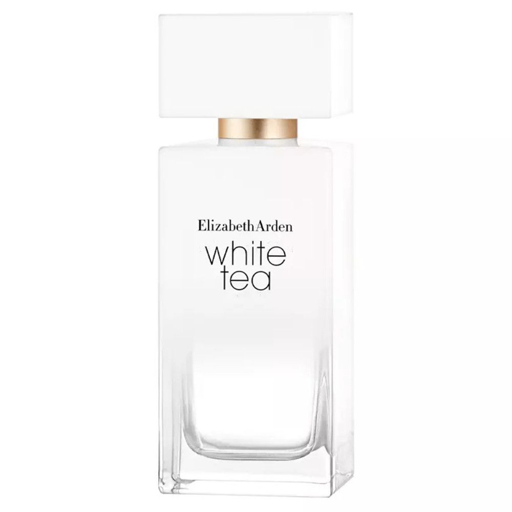 Witte parfumfles met witte dop. Opschrift: Elizabeth Arden White Tea.