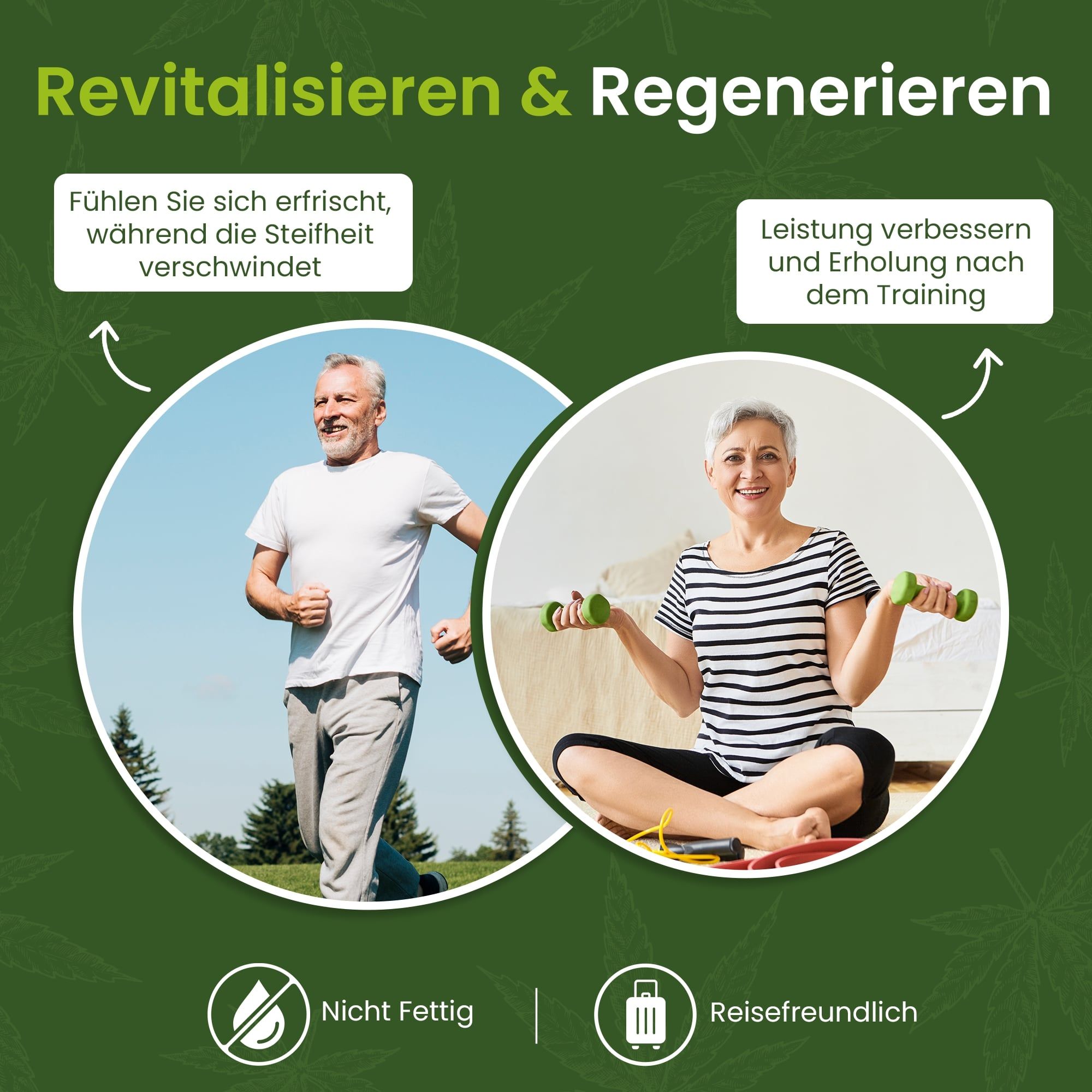 Twee mensen sporten. Tekst: Niet vet, reizen. Mensen die trainen.