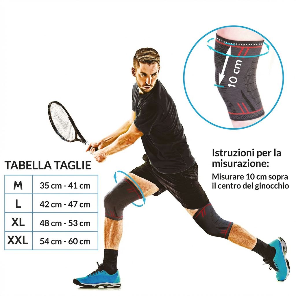 Maattabel voor kniebraces. Maten in cm: M 35-41, L 42-47, XL 48-53, XXL 54-60.