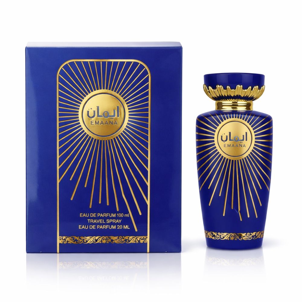 Flacon de parfum bleu et emballage. Logo et texte dorés. Inscription: Emaana, Eau de Parfum, Travel Spray.