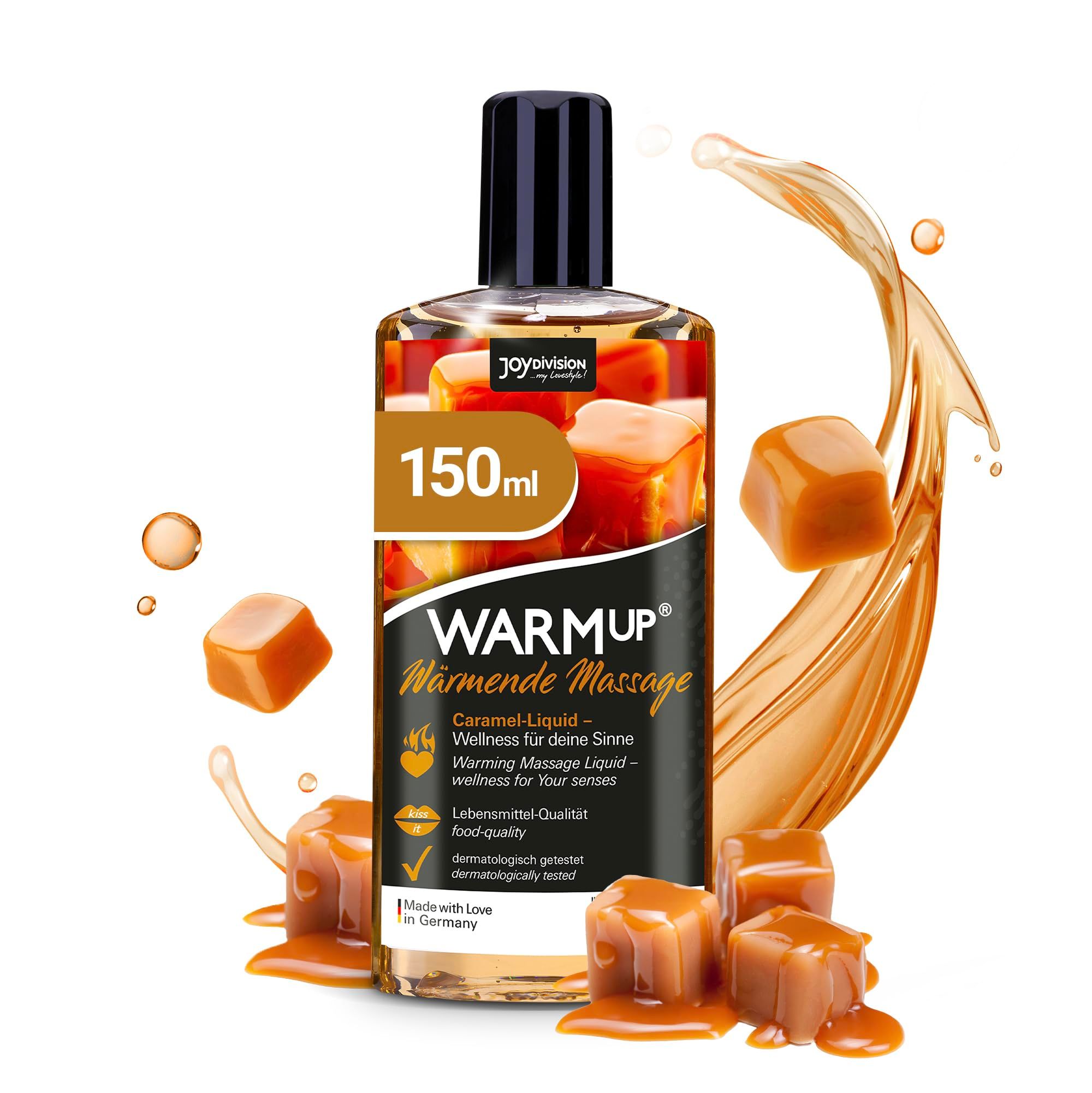Fles karamel massageolie, met afbeelding van karamelstukjes en tekst.