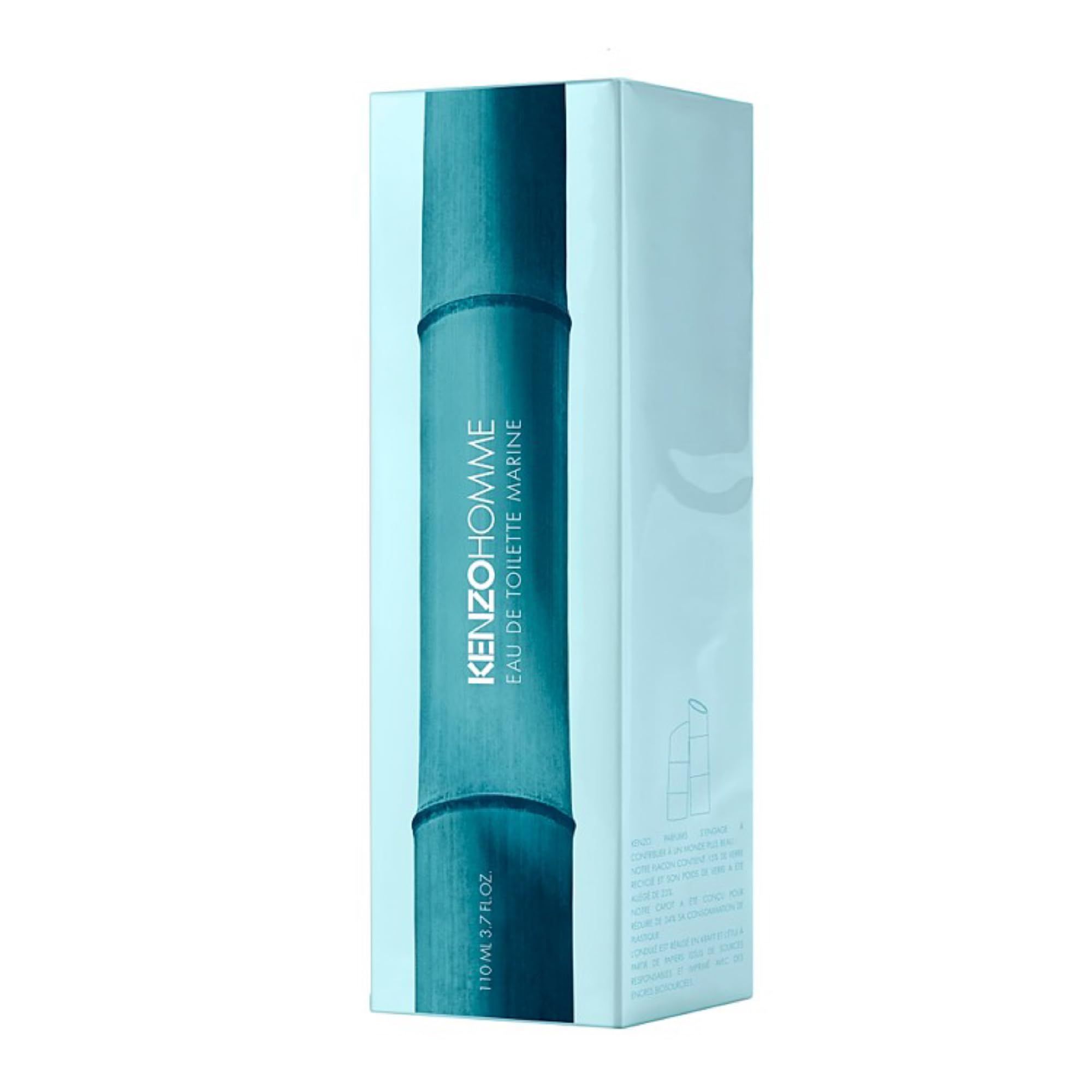 Emballage avec KENZO HOMME EAU DE TOILETTE MARINE. Rayures verticales turquoise.