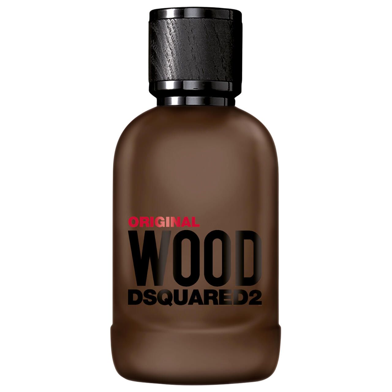 Bruine fles met zwarte dop. Opschrift: Original Wood Dsquared2.
