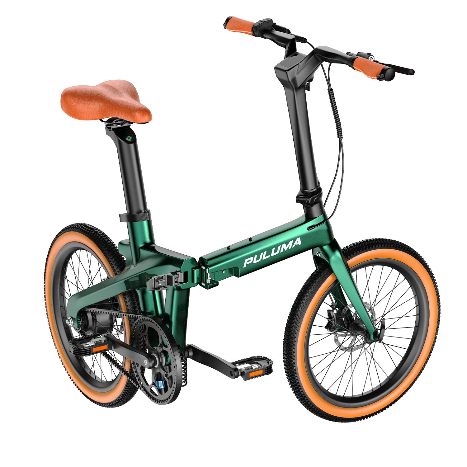 Groene vouwfiets met bruin zadel. Merk PULUMA.