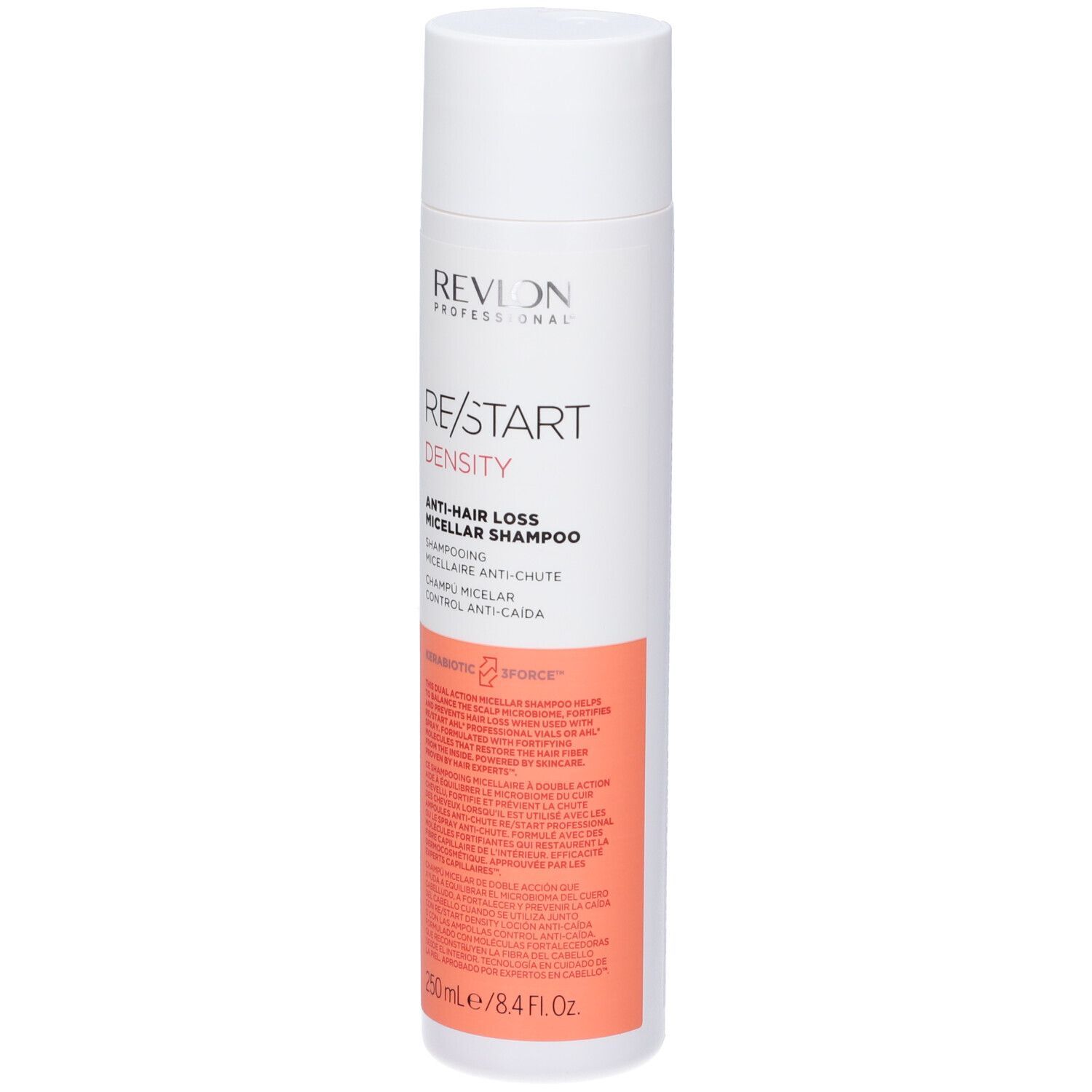 Flacon de shampooing blanc et rose. Texte: RE/START Density, Shampooing Micellaire Anti-Chute. 250ml.