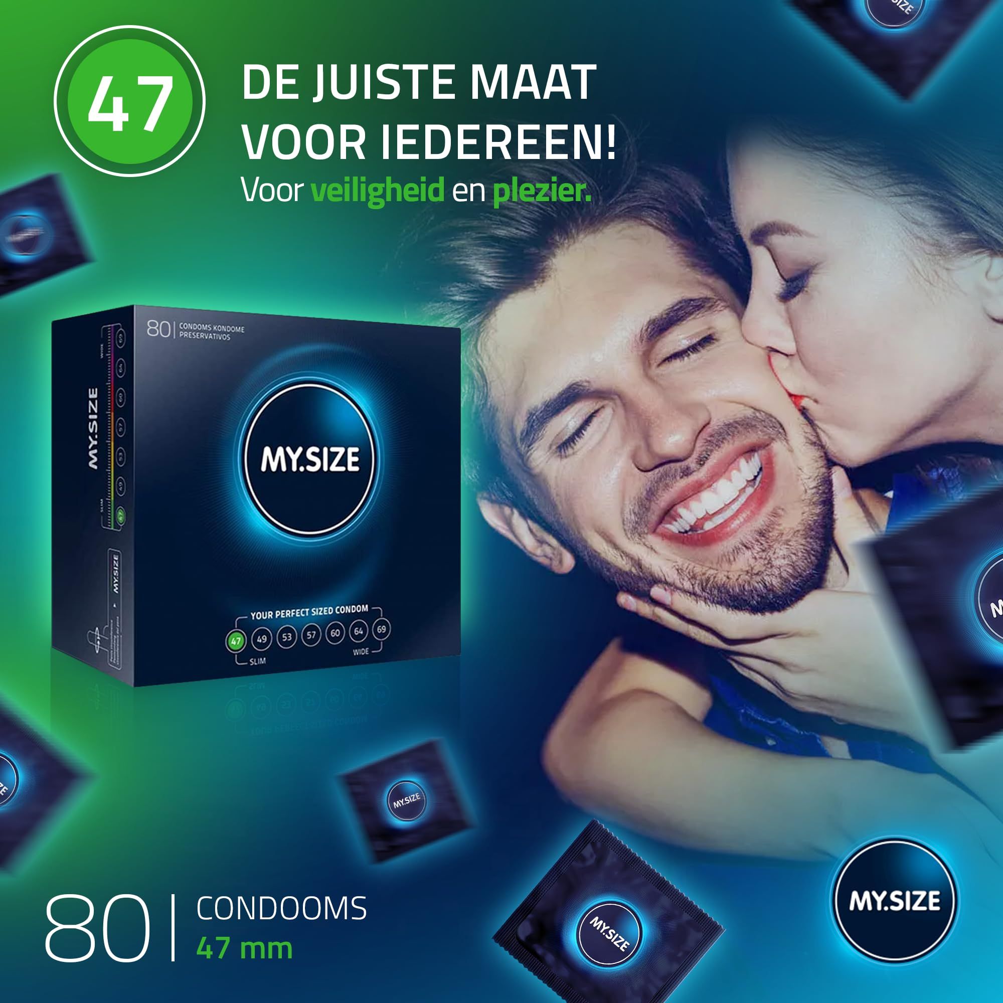 Een blauw MY.SIZE condoom van natuurlijke latex, 0,07mm dun, geurloos en vegan.