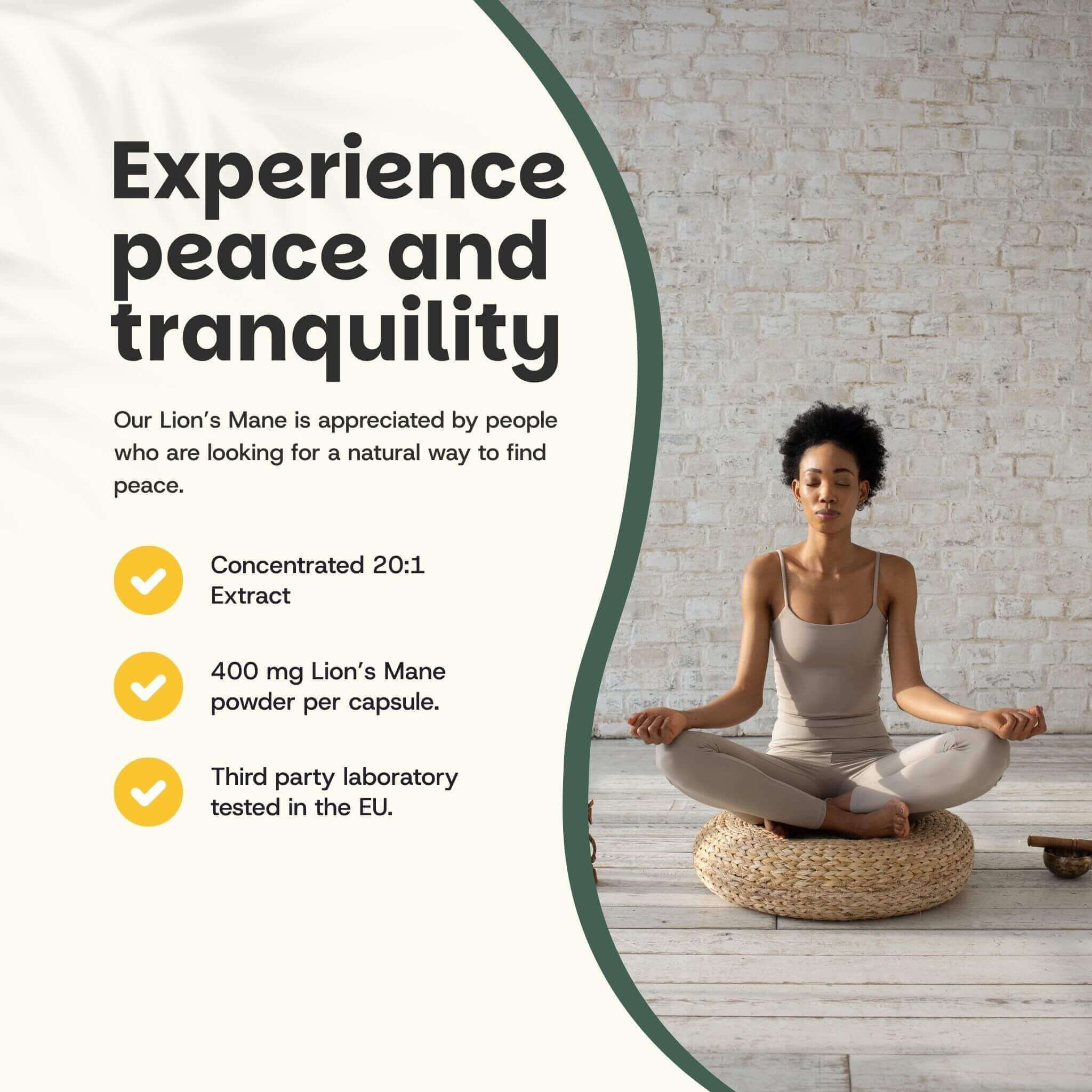 Femme méditant. Texte : Extrait concentré 20:1, 400 mg de poudre de crinière de lion par gélule, testé en laboratoire UE.