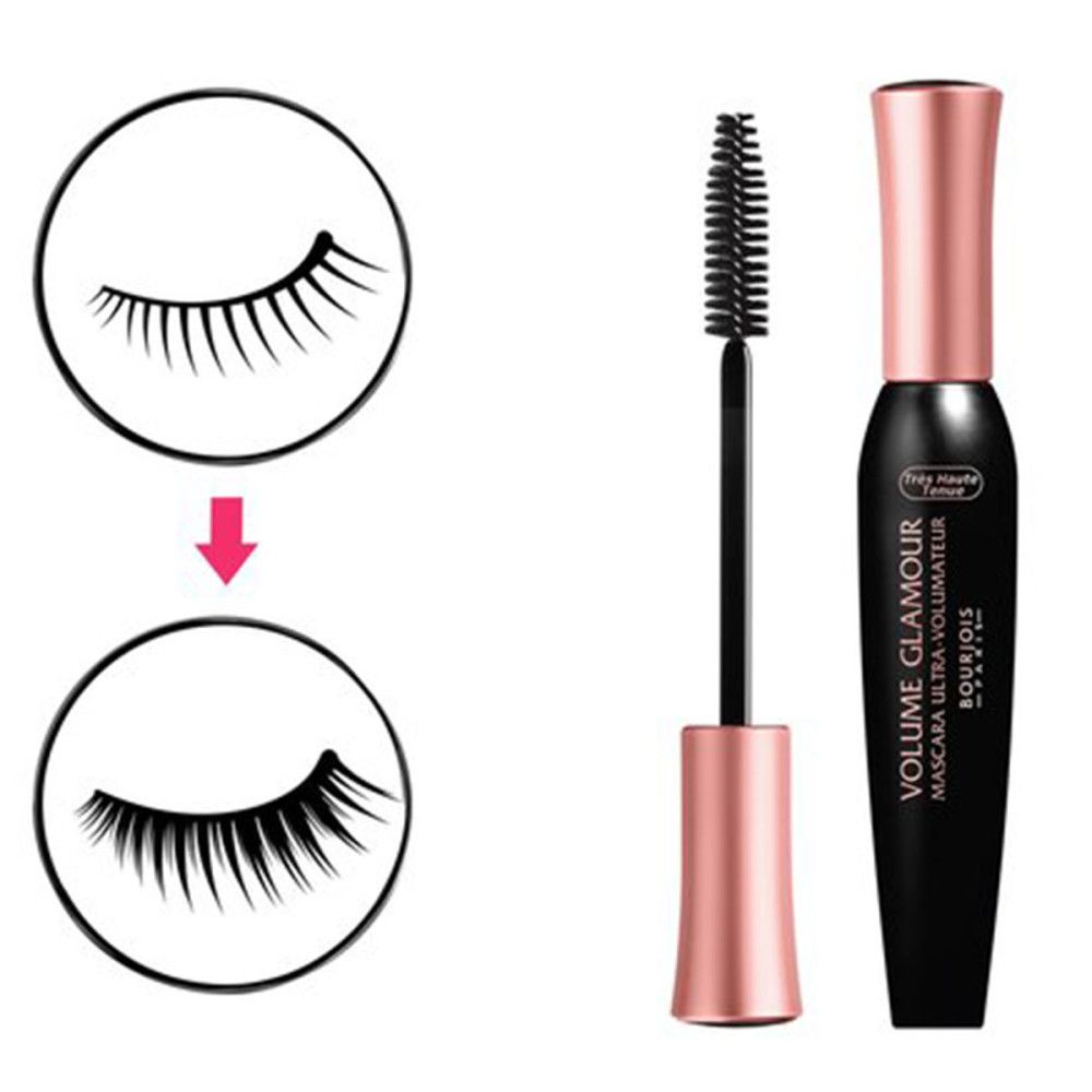 Tube de mascara noir avec capuchon rose doré. Brosse à côté. Effet avant-après des cils.