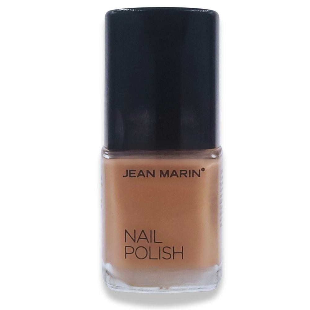 Flacon de vernis à ongles Jean Marin. Couleur beige. Bouchon noir. Nom du produit et marque sur l'étiquette.