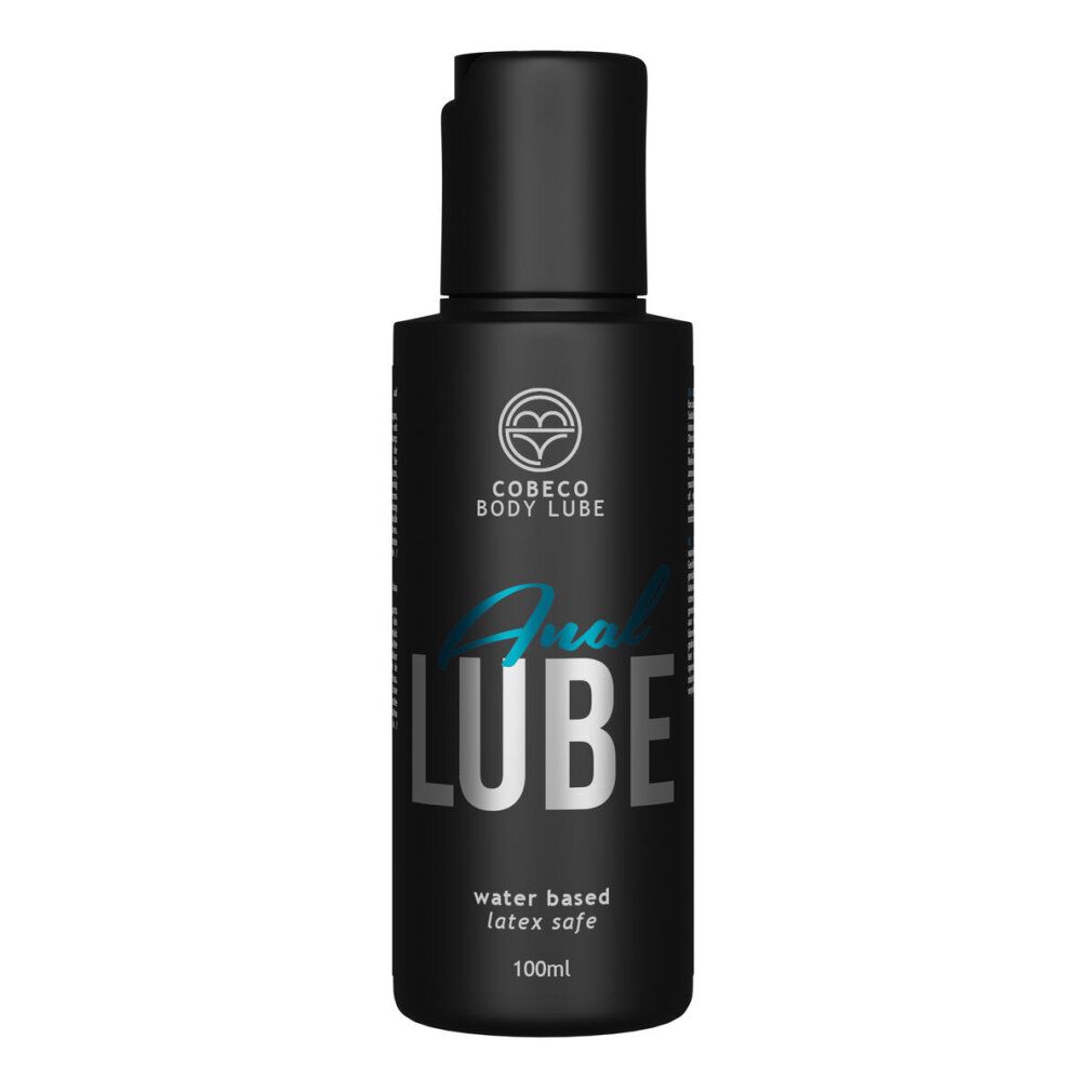Flacon noir avec inscription Anal Lube, à base d'eau, compatible latex, 100ml.