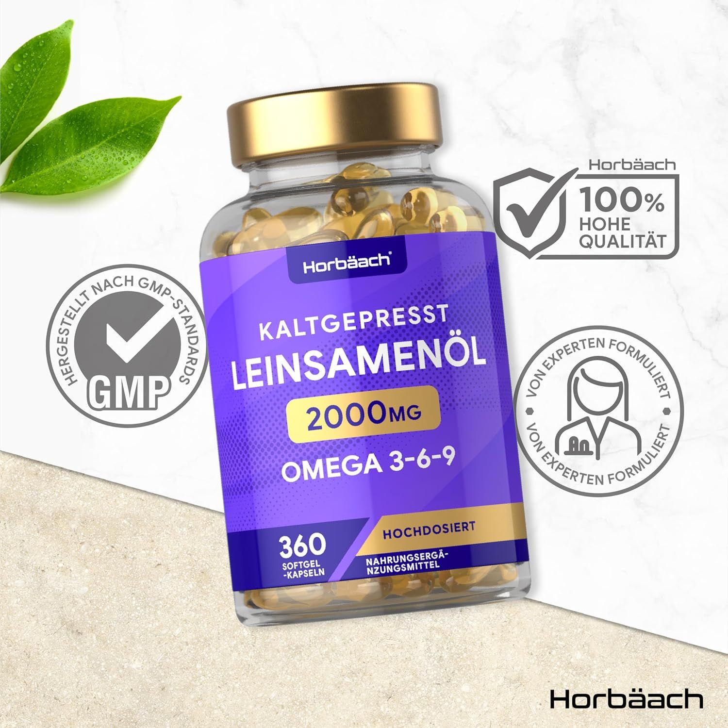 Flesje capsules. Opschrift: Koudgeperste lijnzaadolie 2000mg Omega 3-6-9. 360 softgel capsules. GMP-certificering, 100% hoge kwaliteit.