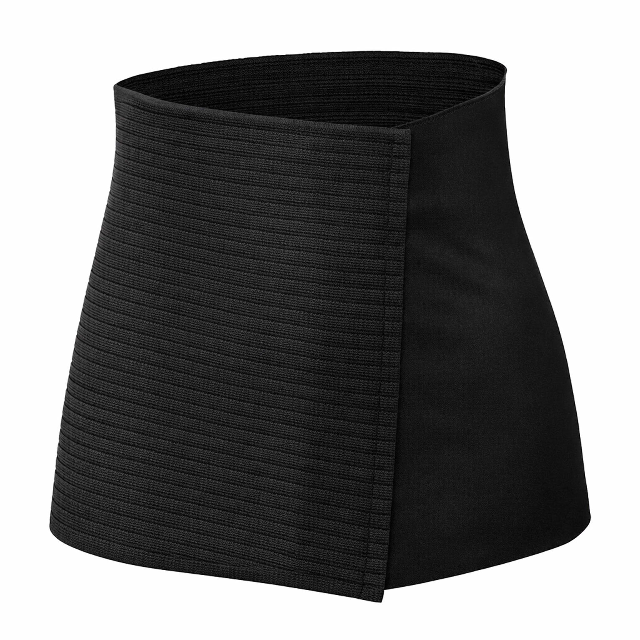 Zwarte buikband met geribbelde stof. Zijsluiting. Ademend materiaal.