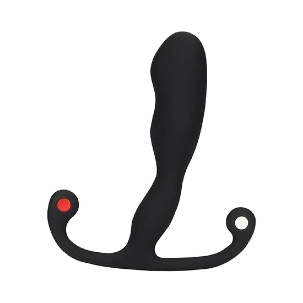 Zwart wellnessproduct in T-vorm. Eén uiteinde met rode knop, de andere wit. Ontworpen voor intiem gebruik.