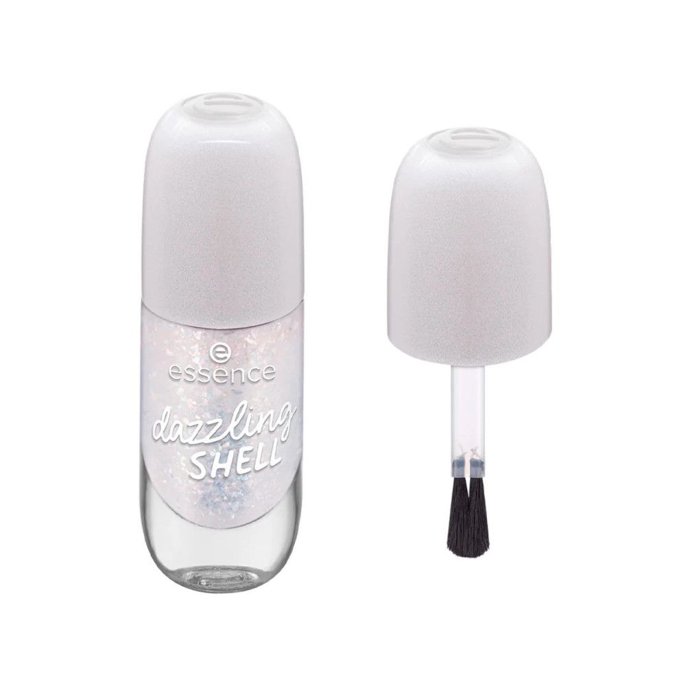 Flacon de vernis à ongles avec bouchon blanc et pinceau. Inscription "essence dazzling SHELL".