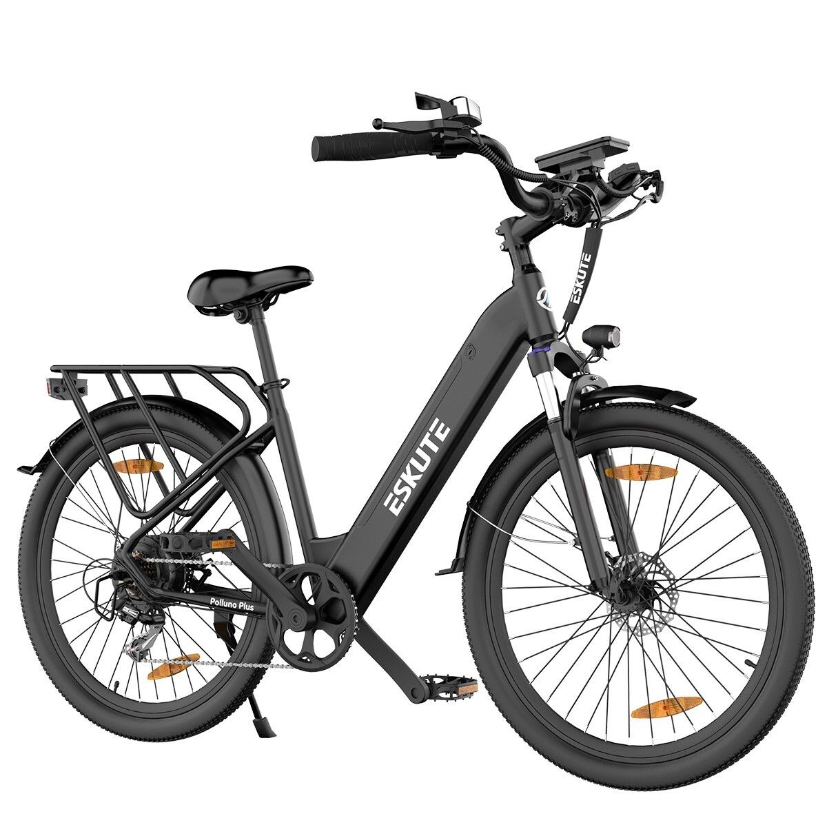 Vélo électrique ESKUTE Polluno Plus noir. Porte-bagages, garde-boue, phare. Batterie 36V 20Ah.
