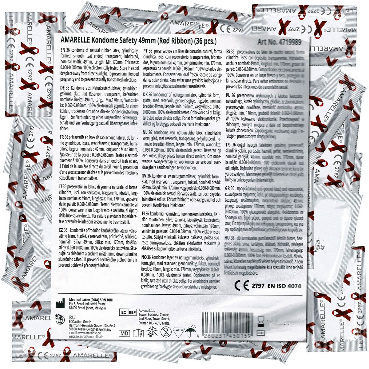 Préservatifs emballés individuellement. Texte: Amarelle Kondome Safety 49mm (Red Ribbon) (36 pcs.). Marquage CE.
