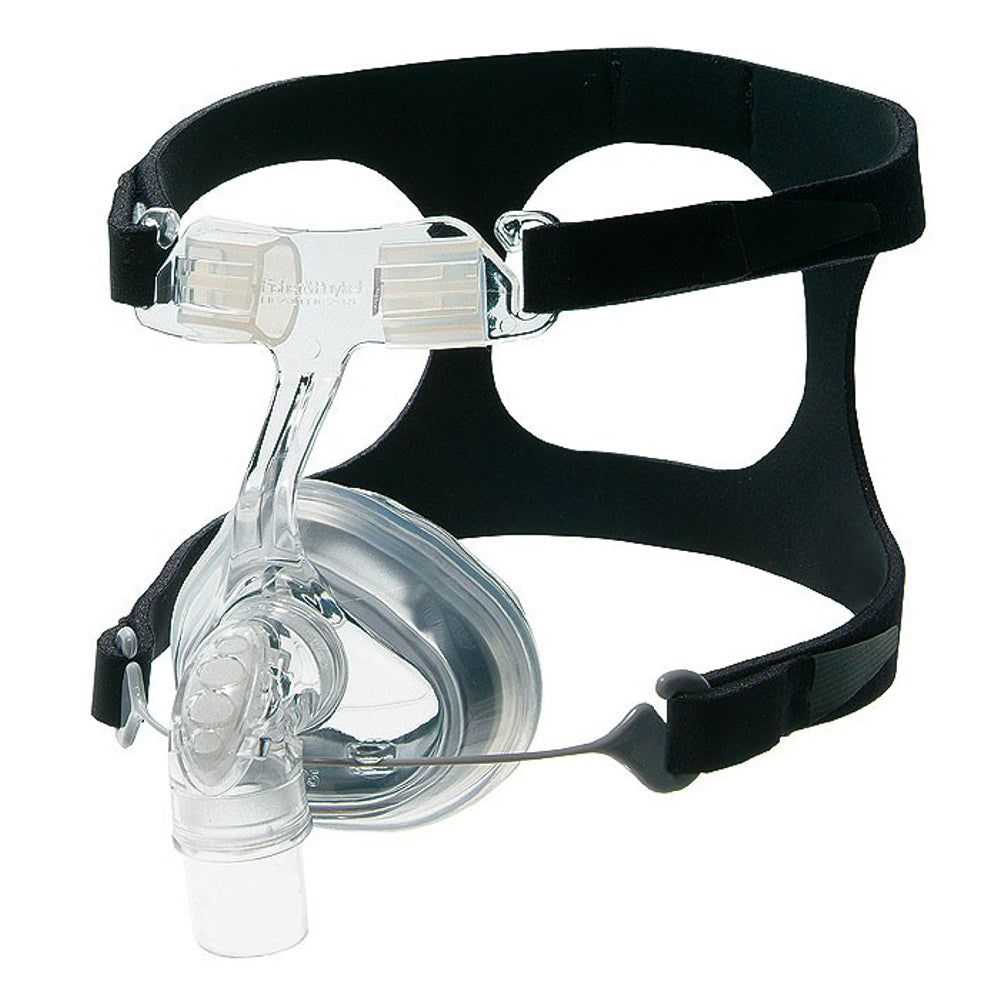 Masque nasal CPAP transparent avec bandeau noir et clips réglables.