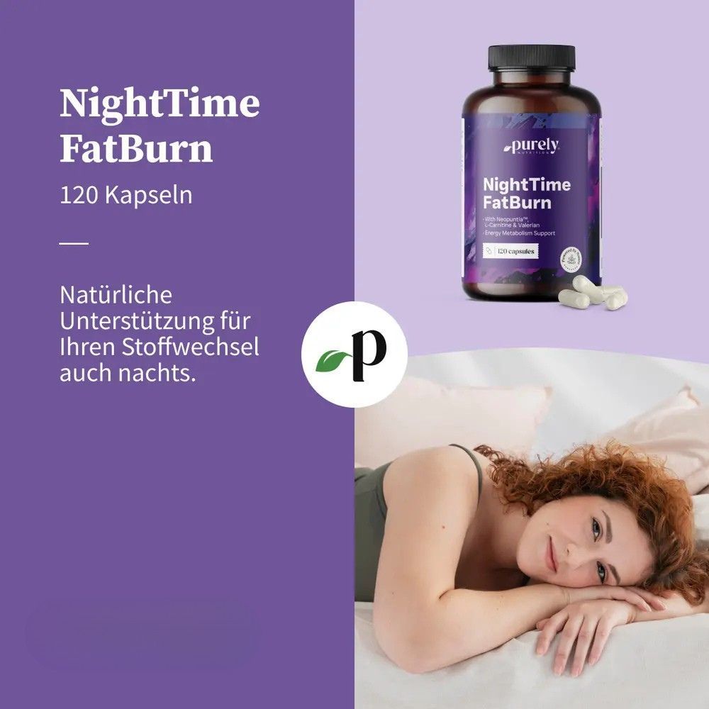 Productafbeelding met pot, capsules en slapende vrouw. Tekst: "Natuurlijke ondersteuning voor uw metabolisme, ook 's nachts."