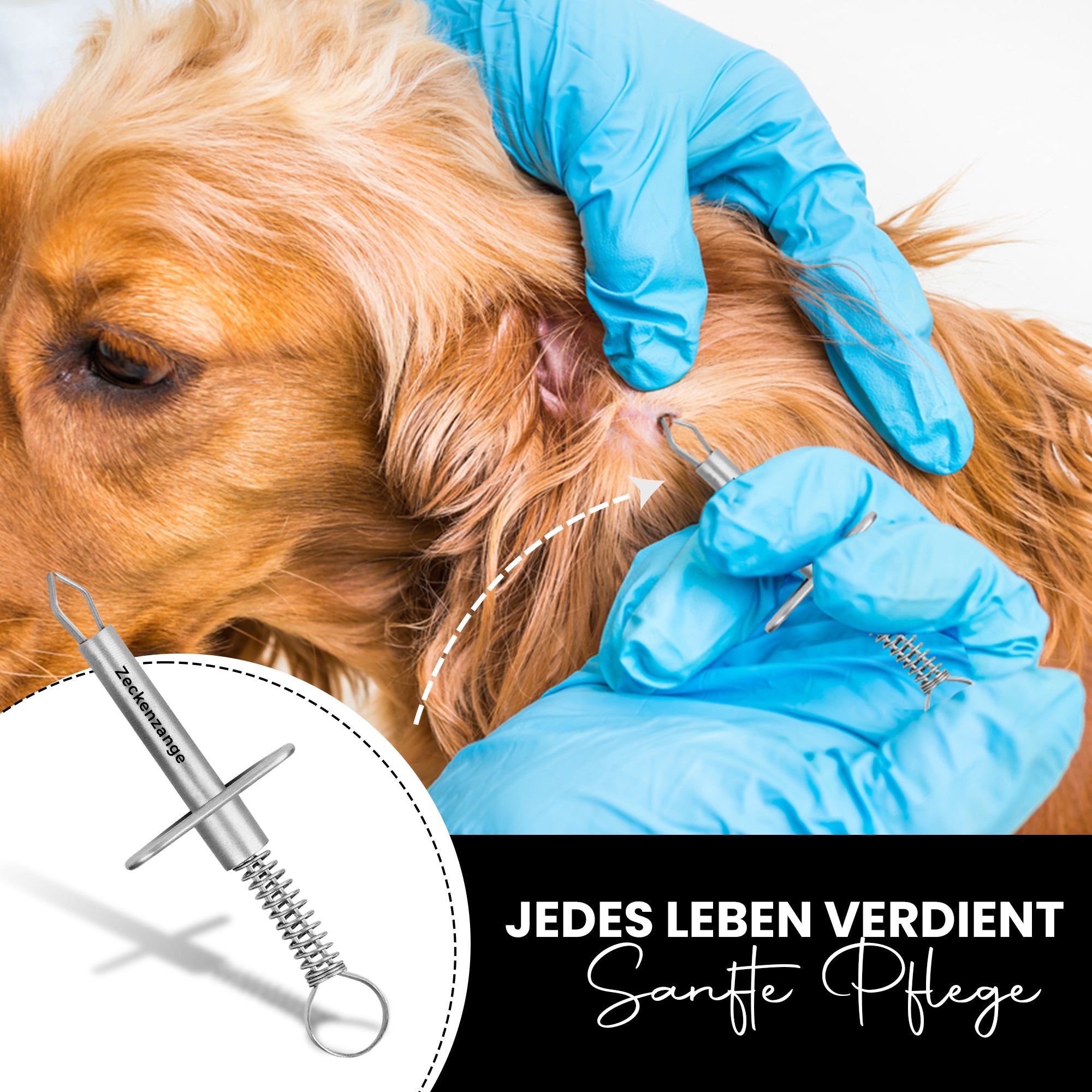 Pince à tiques utilisée sur un chien. Le texte dit : "JEDES LEBEN VERDIENT Sanfte Pflege".
