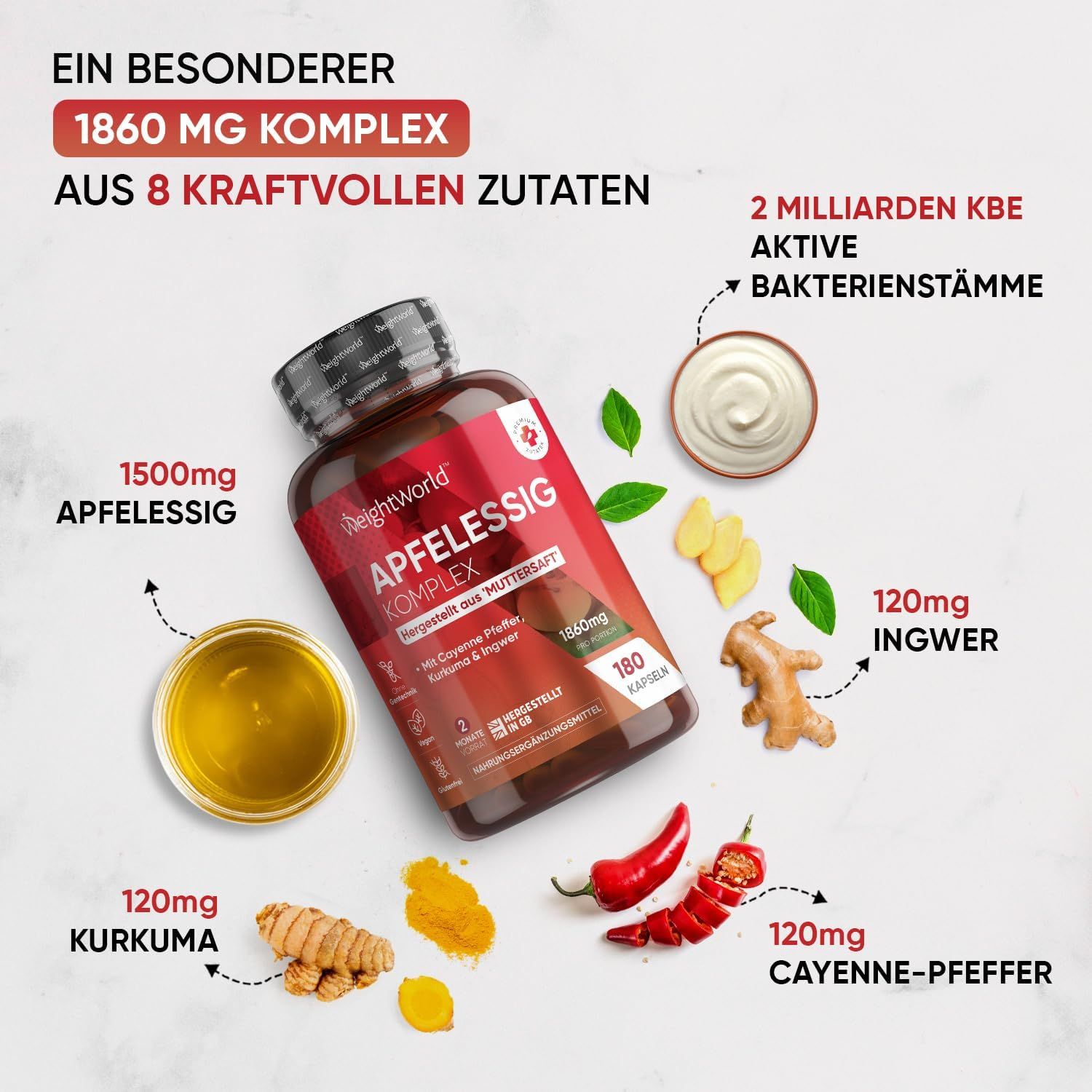 Productfles Apfelessig Komplex. Ingrediënten: appelazijn, gember, kurkuma, cayennepeper. 180 capsules.
