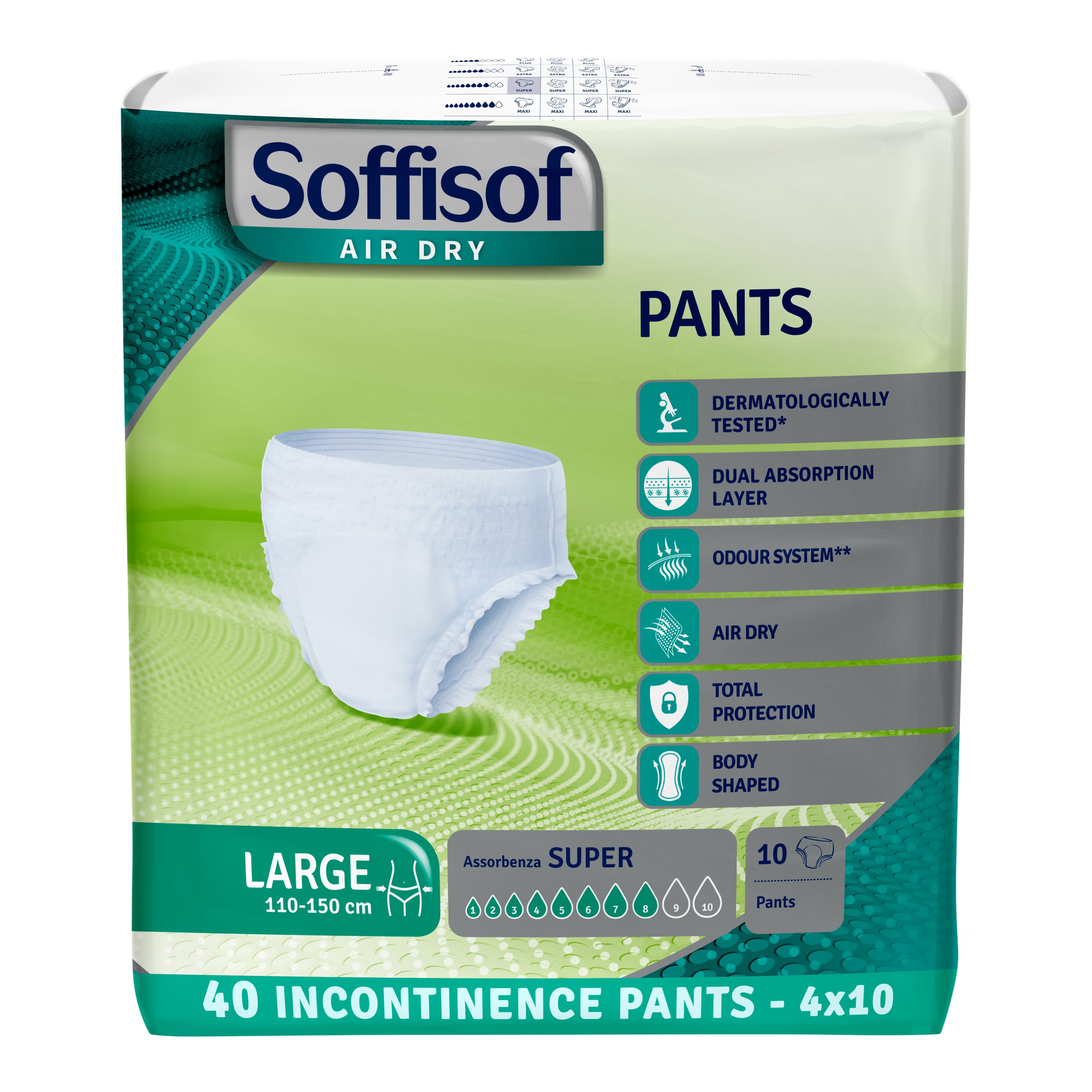 Verpakking Soffisof Pants, maat Large. Bevat 10 Pants. Opschriften: Air Dry, dermatologisch getest, 40 incontinentiebroeken.
