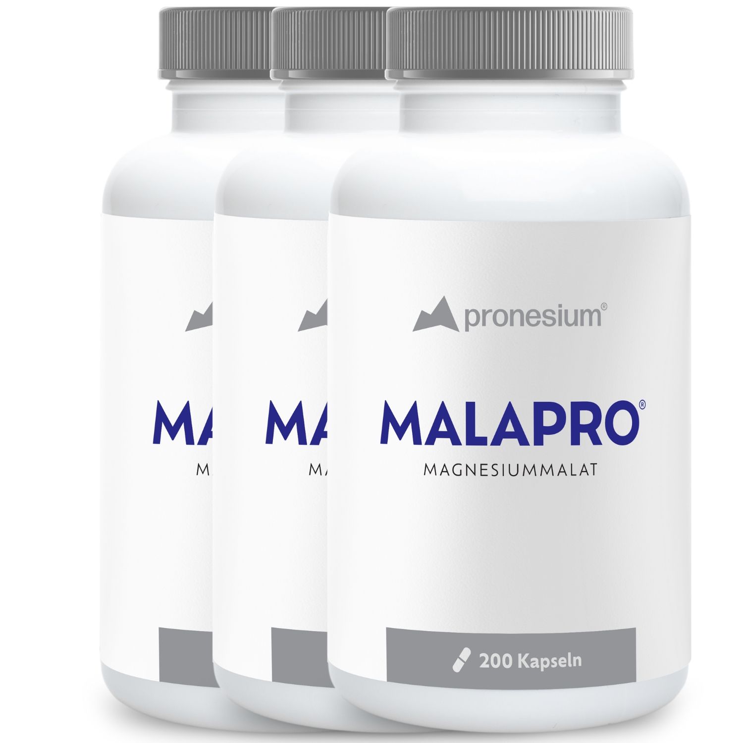 Drie witte flessen met grijze doppen. Elke fles heeft MALAPRO® Magnesiummalat en 200 capsules.