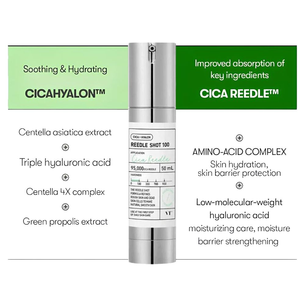 Flacon de sérum avec bouchon argenté. Inscription : REEDLE SHOT 100, 50 ml. Texte sur les ingrédients.
