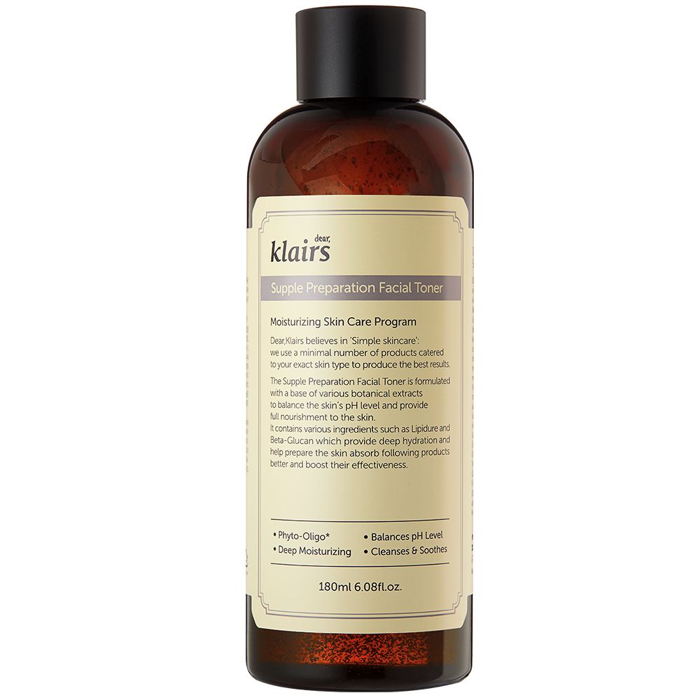 Bouteille en verre brun avec étiquette claire, Dear Klairs Supple Preparation Facial Toner, 180ml.
