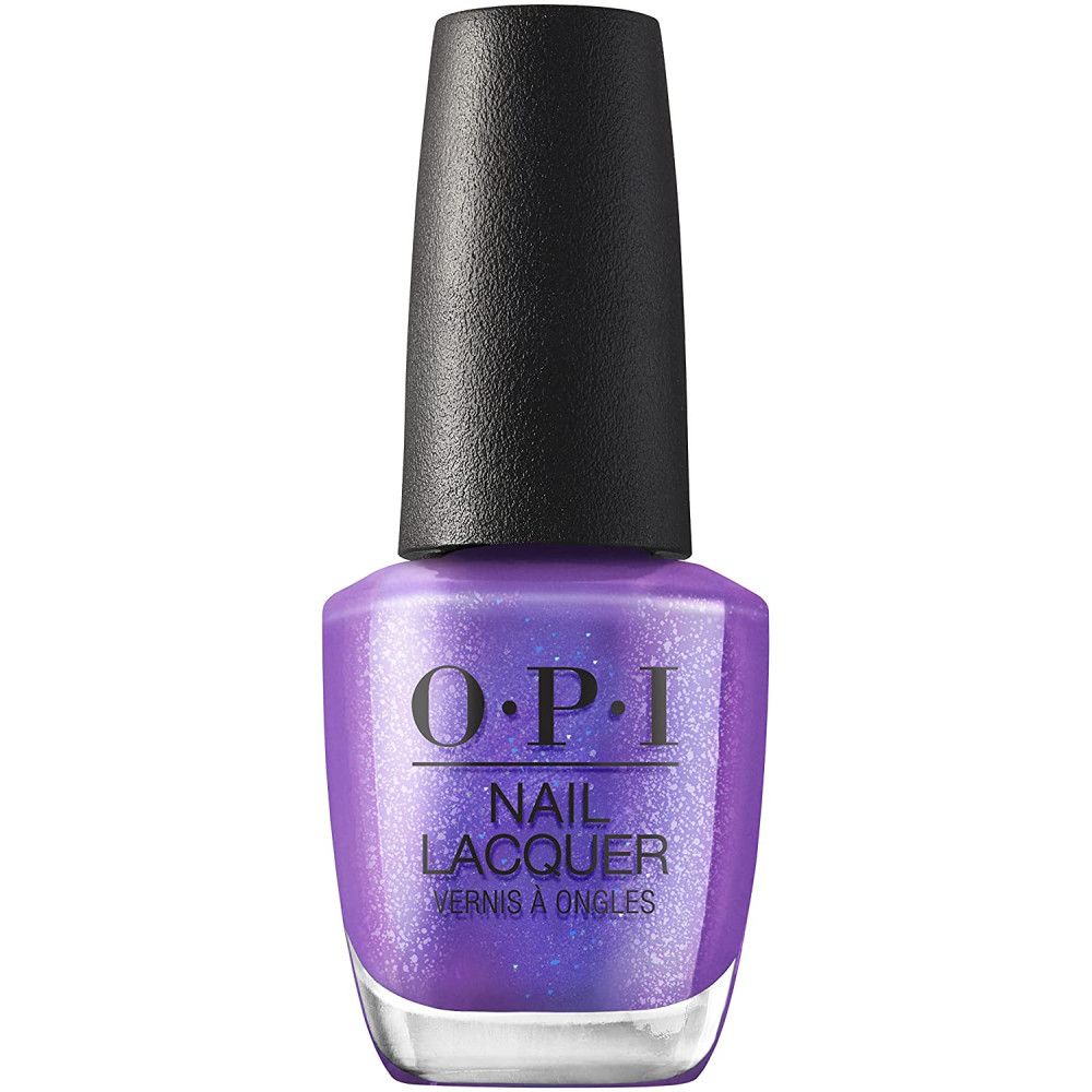 OPI nagellakfles met paarse nagellak. Zwarte dop, witte letters.
