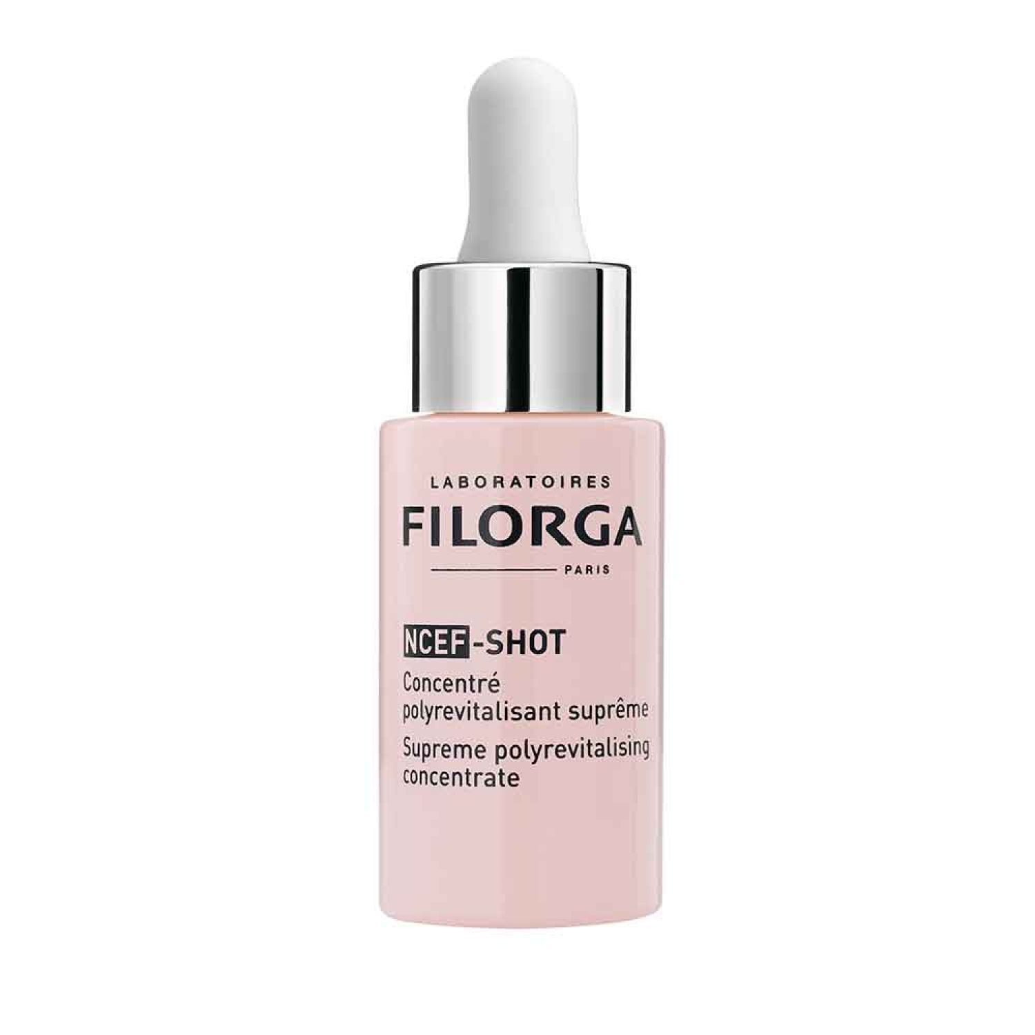Flacon rose avec compte-gouttes blanc. Inscription: FILORGA PARIS, NCEF-SHOT, Concentré polyrevitalisant suprême.