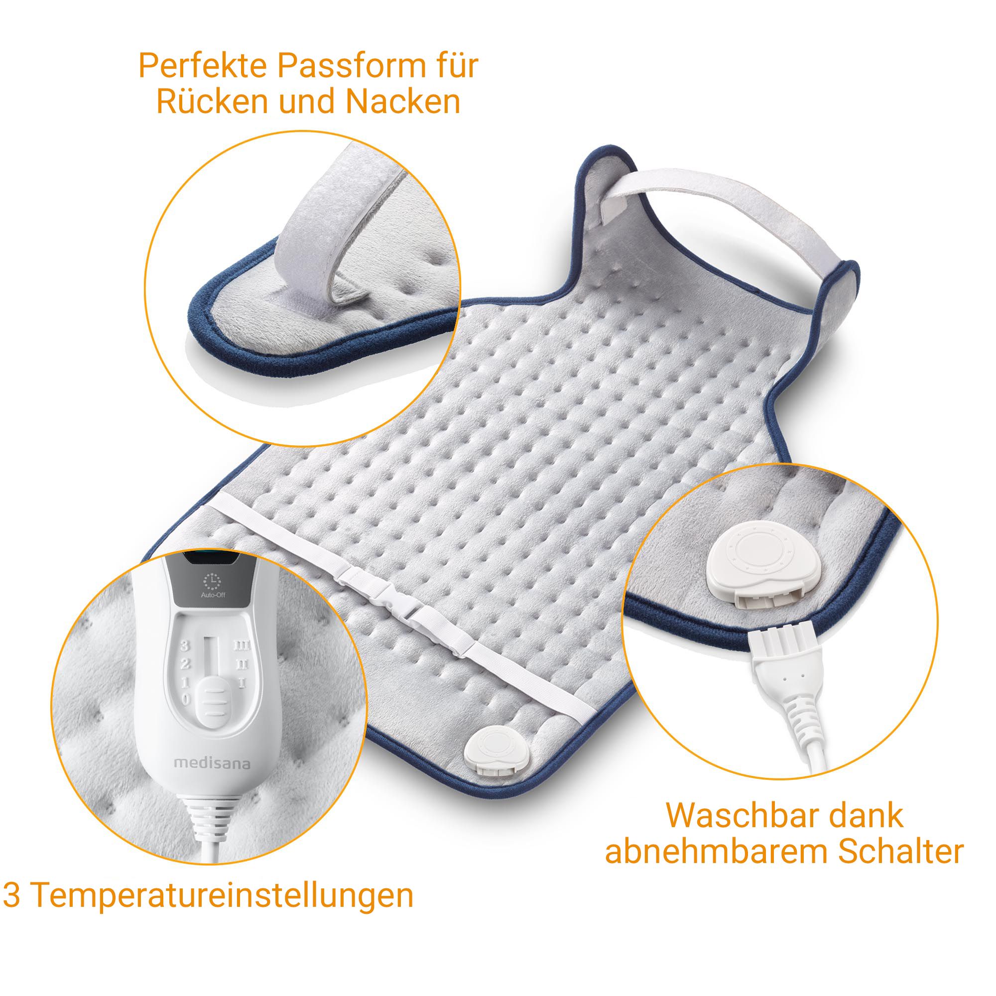 Verwarmingskussen: perfecte pasvorm, 3 temperatuurinstellingen, wasbaar dankzij afneembare schakelaar.