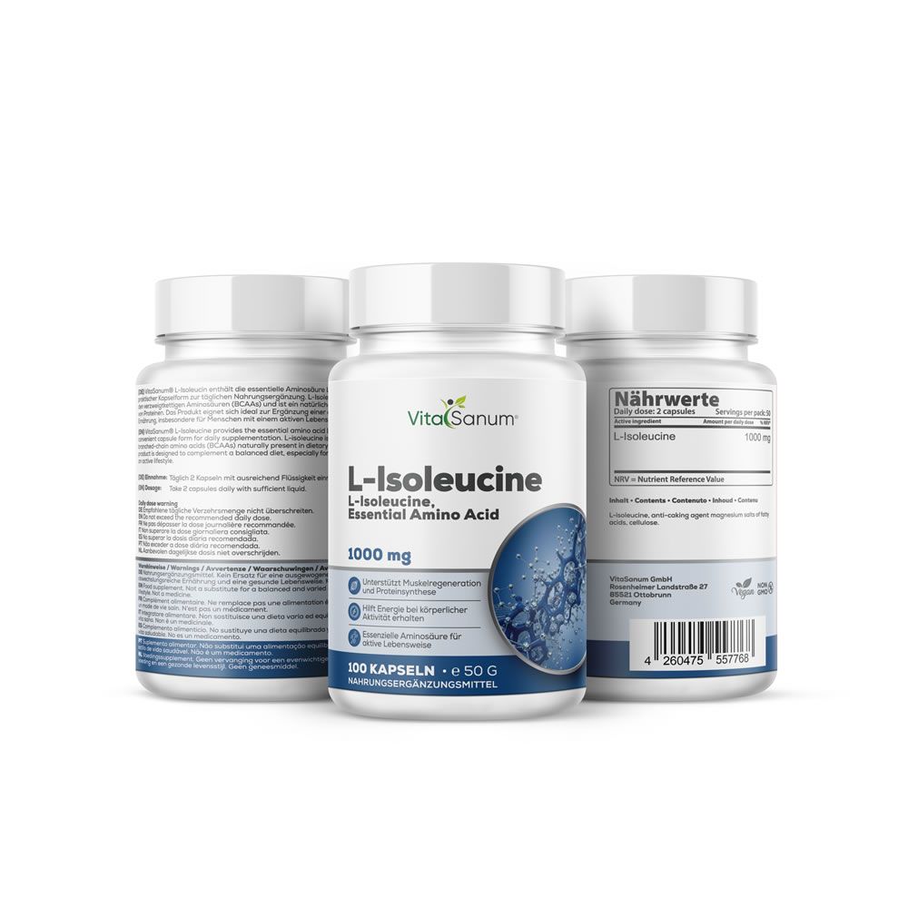 Trois flacons blancs VitaSanum L-Isoleucine. Inscription 1000 mg, 100 gélules. Étiquette bleue avec graphique moléculaire.