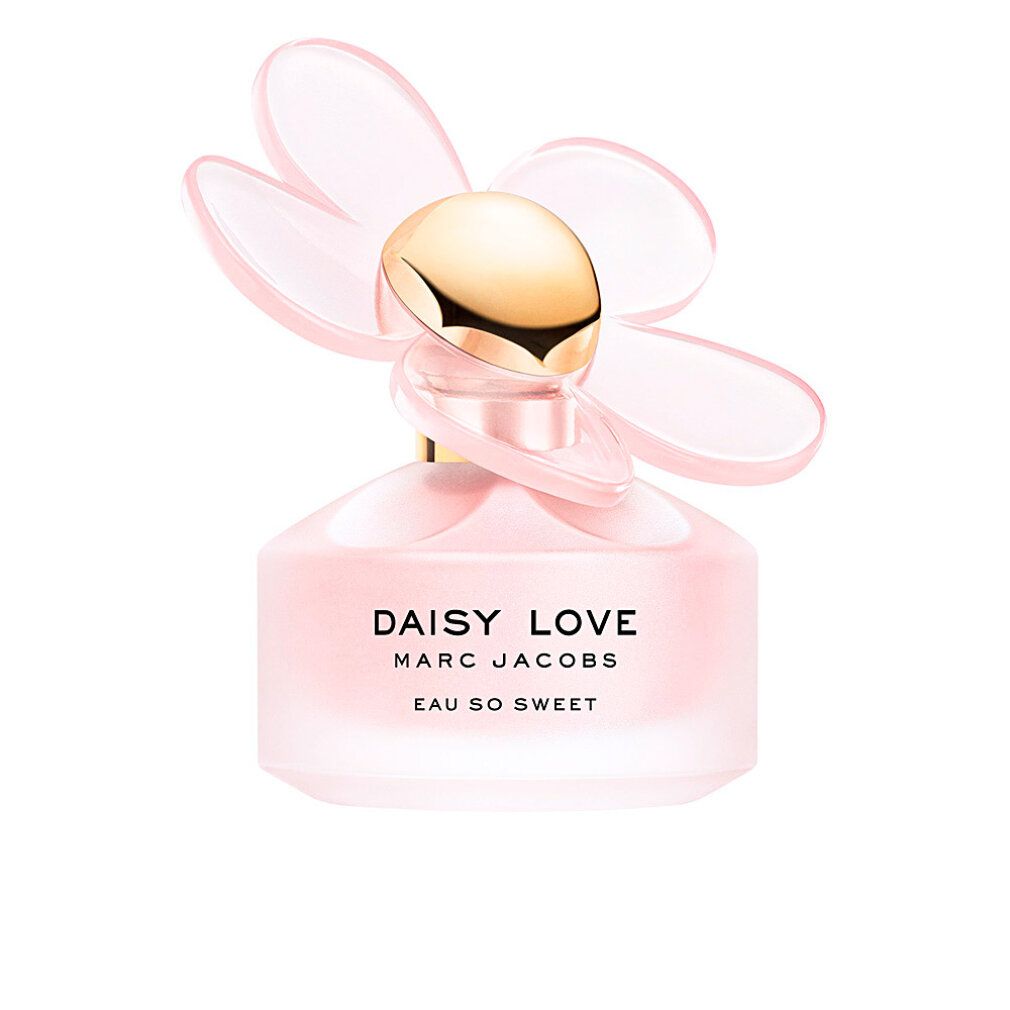 Roze parfumfles met gouden dop en bloemvormig deksel. Opschrift: Daisy Love, Marc Jacobs, Eau So Sweet.