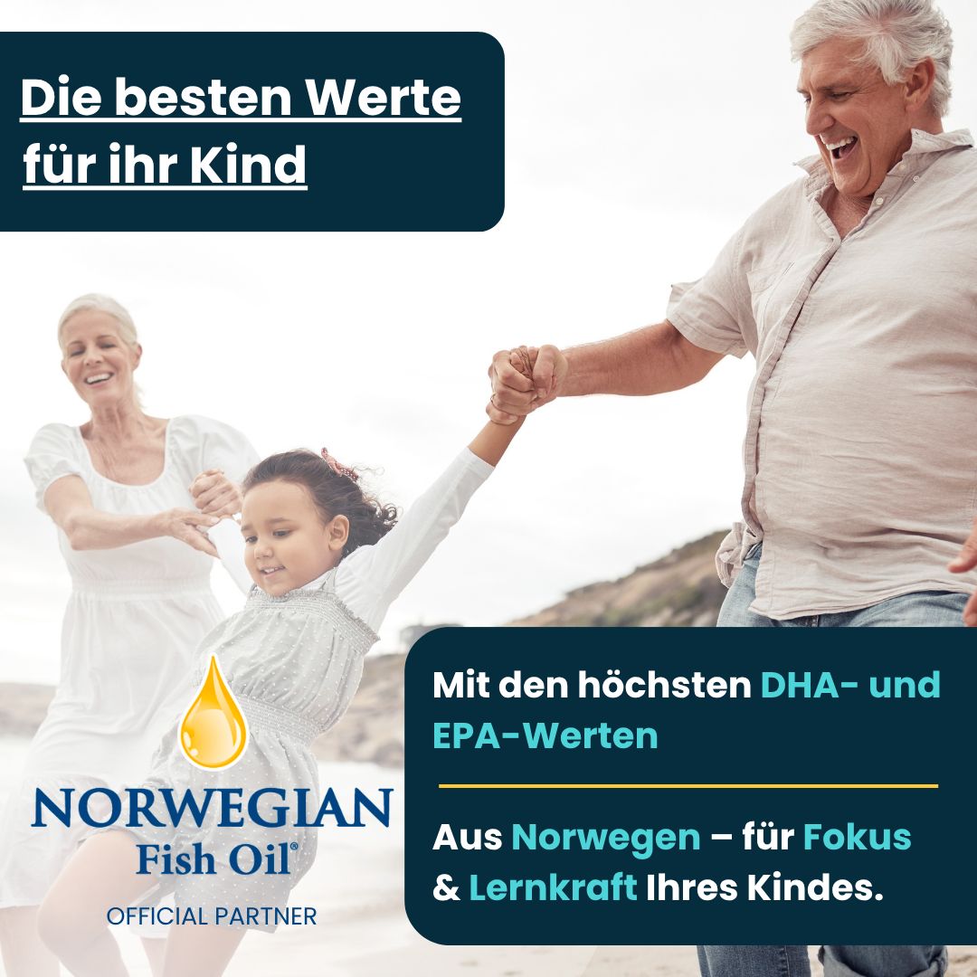 Een familie op het strand. Tekst: De beste waarden voor uw kind. Norwegian Fish Oil. Met de hoogste DHA- en EPA-waarden.
