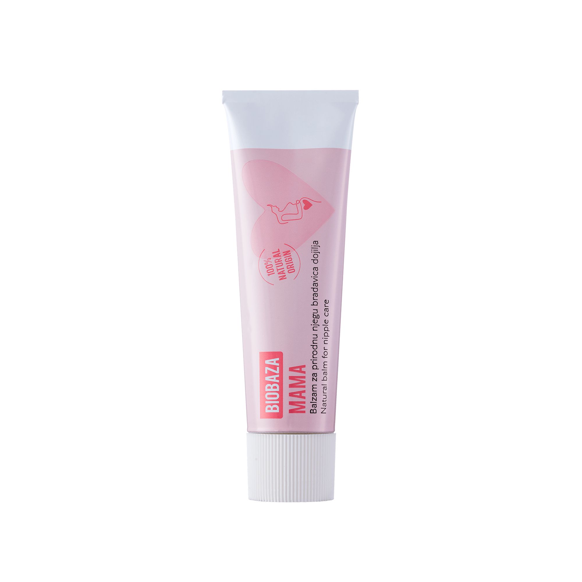 Roze tube met Mama. Tekst: Balsem voor tepelverzorging. Witte sluiting.