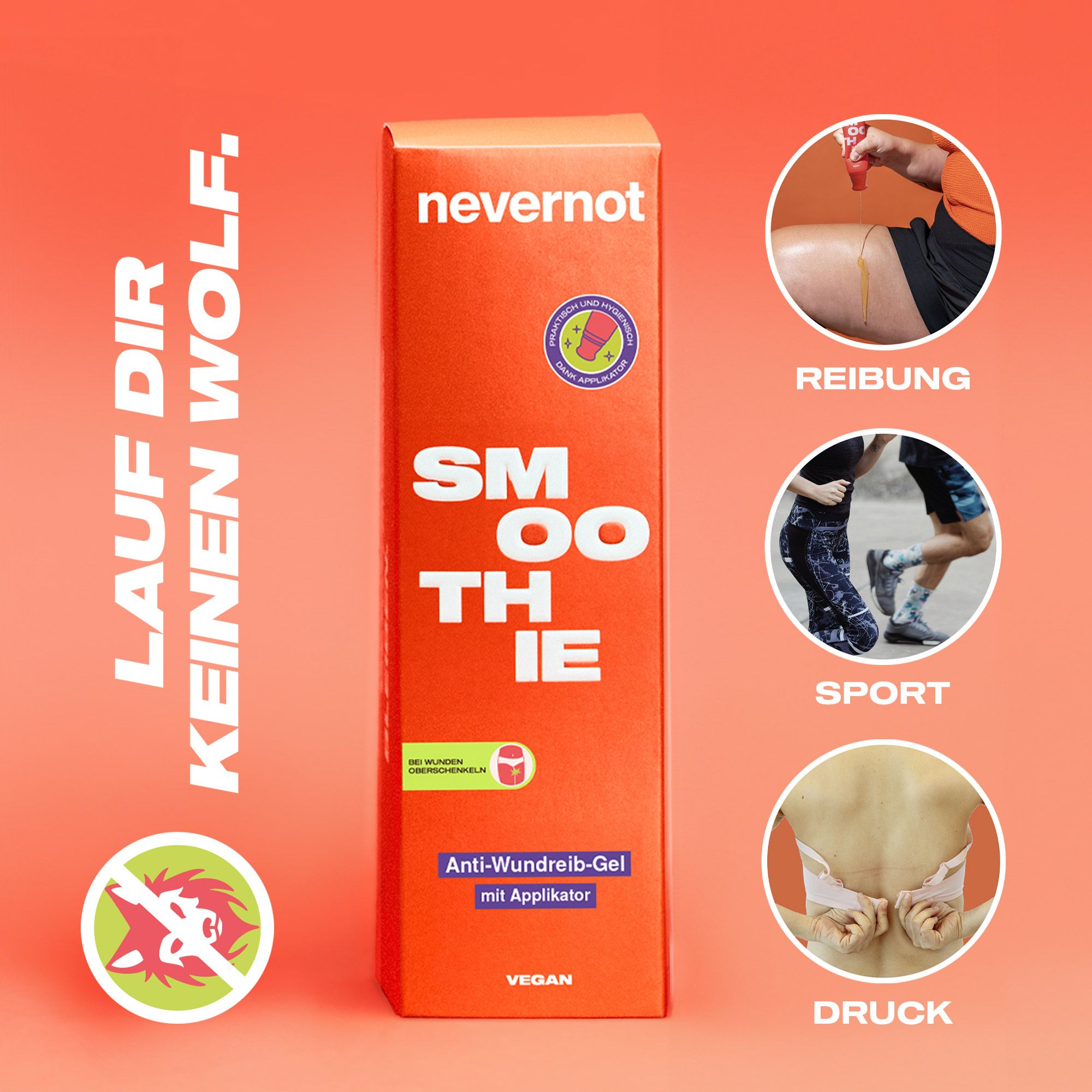 Oranje verpakking met 'SMOOTHIE' en 'Anti-Wundreib-Gel'. Kleine afbeeldingen tonen wrijving, sport, druk.